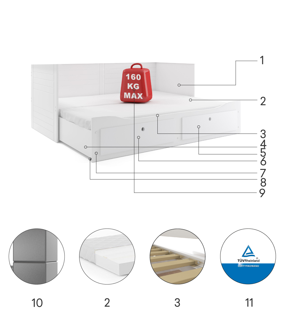 Componente pentru două paturi care pliază Hermes 80x200 cu un sertar, alb Componente pentru două paturi care pliază Hermes 80x200 cu un sertar, alb