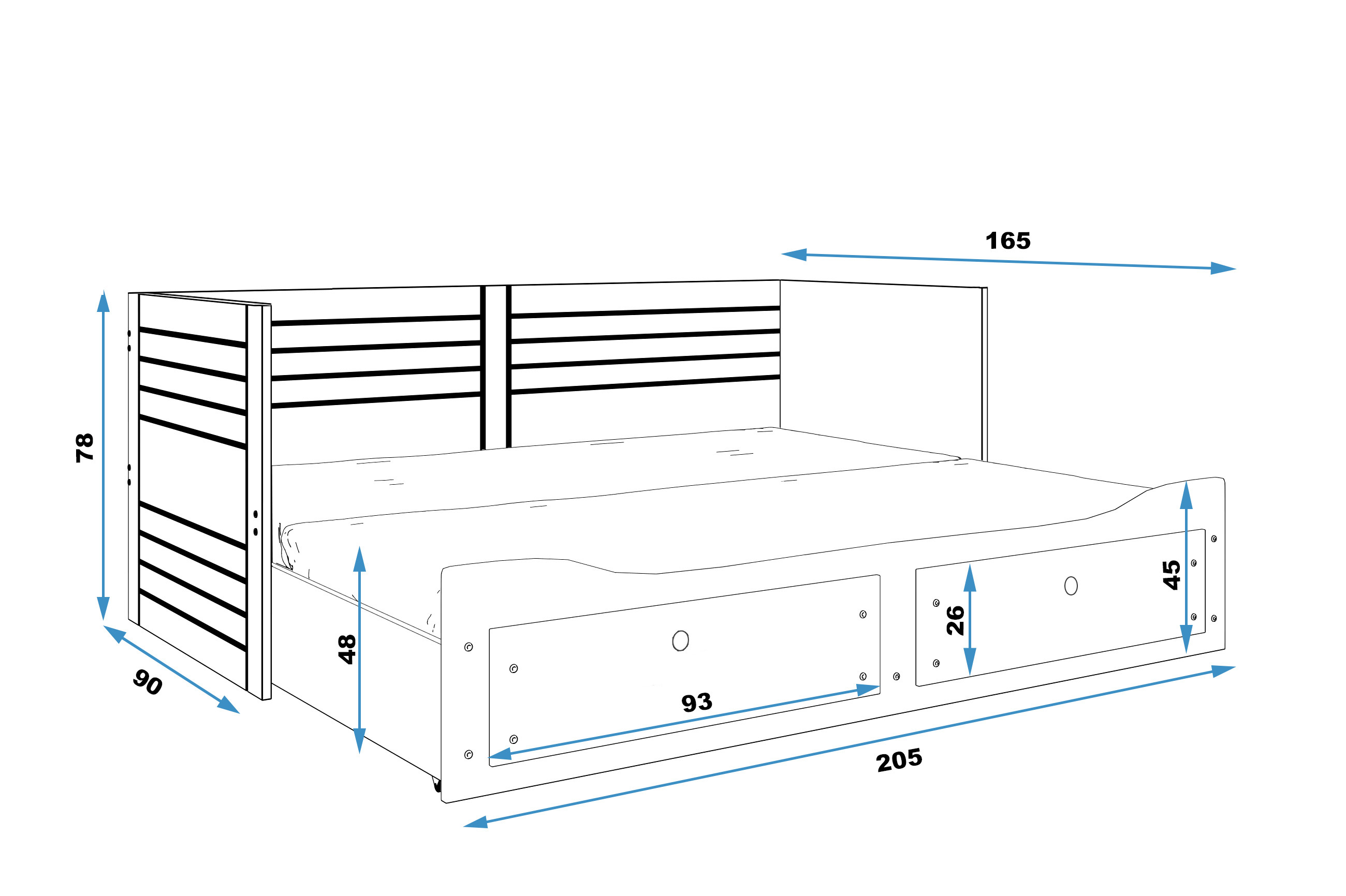 Dimensiuni și specificații pentru patul de pat cu două paturi, pliere Hermes 80x200 cu un sertar, alb Dimensiuni și specificații pentru patul de pat cu două paturi, pliere Hermes 80x200 cu un sertar, alb