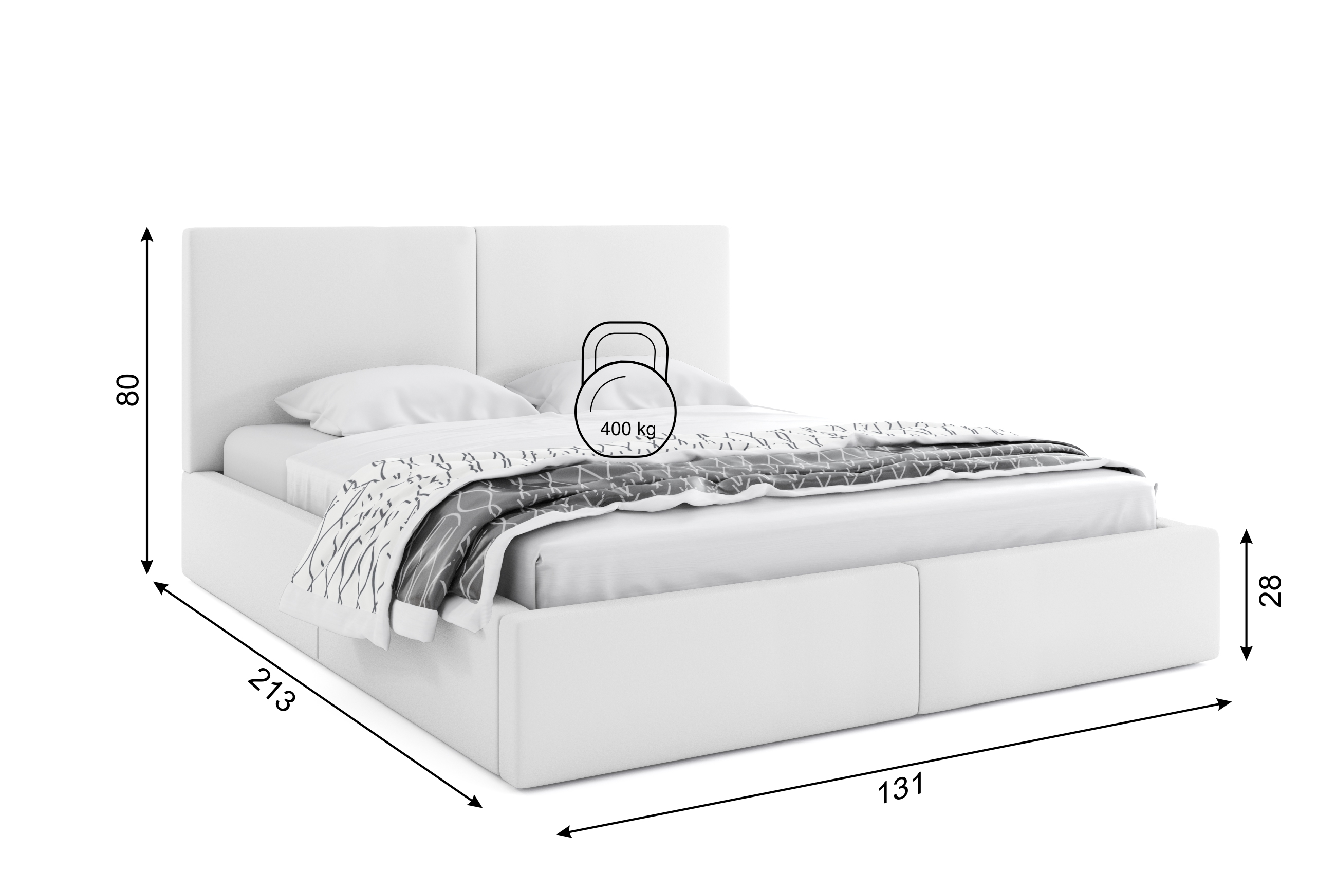Dimensiuni și specificații pentru patul dormitorului Hilton 120x200 cu un recipient, alb Dimensiuni și specificații pentru patul dormitorului Hilton 120x200 cu un recipient, alb