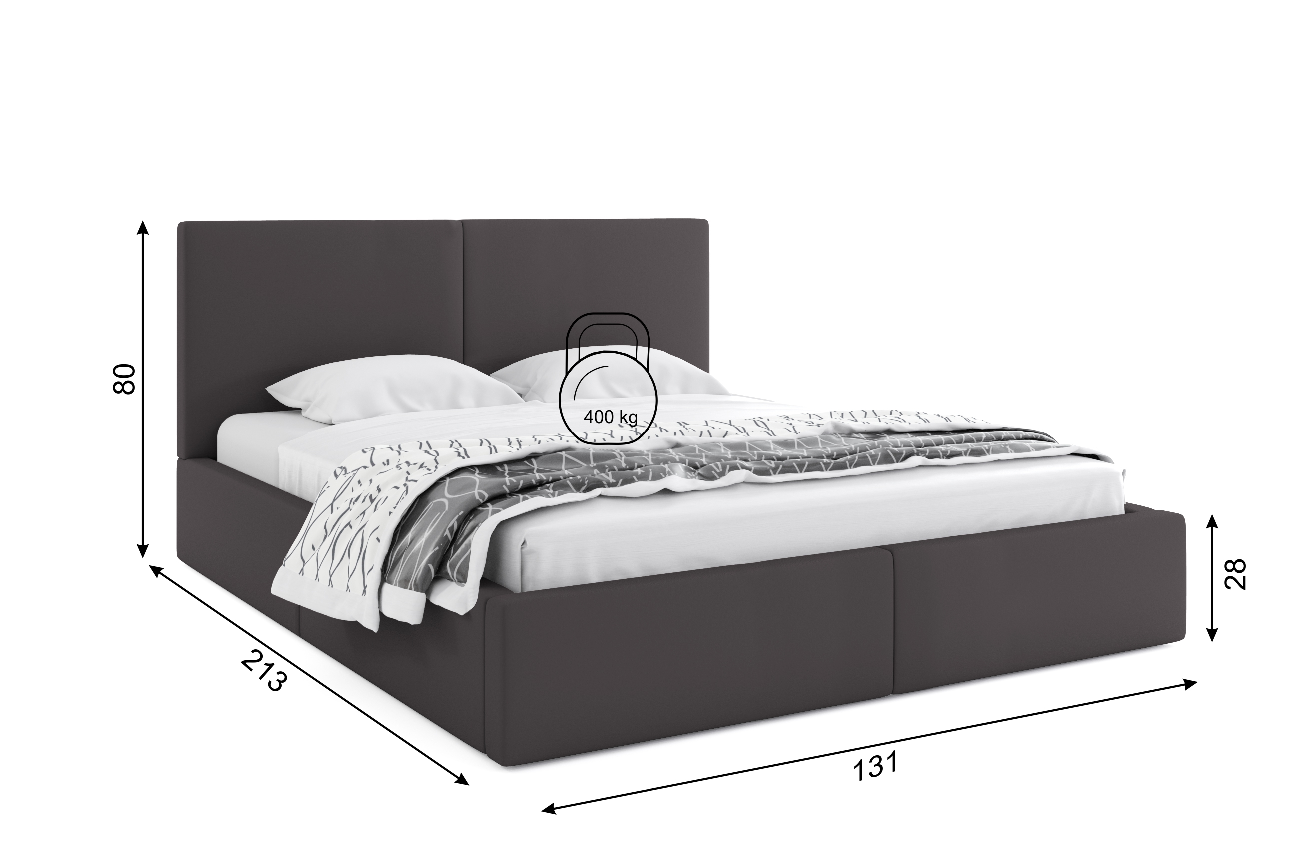 Dimensiuni și specificații pentru patul dormitorului Hilton 120x200 cu un recipient, grafit Dimensiuni și specificații pentru patul dormitorului Hilton 120x200 cu un recipient, grafit