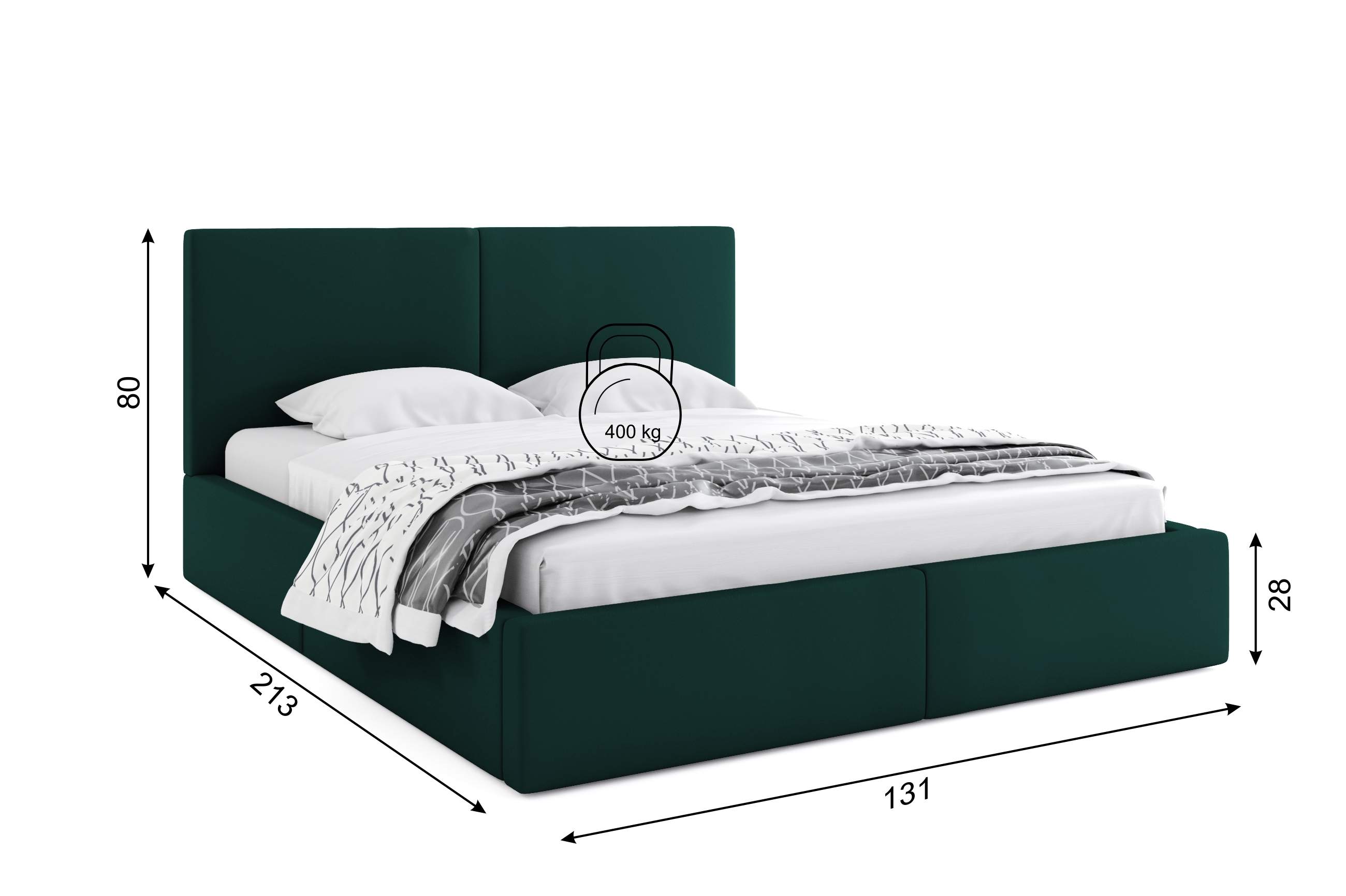 Dimensiuni și specificații pentru patul dormitorului Hilton 120x200 cu un recipient, verde Dimensiuni și specificații pentru patul dormitorului Hilton 120x200 cu un recipient, verde