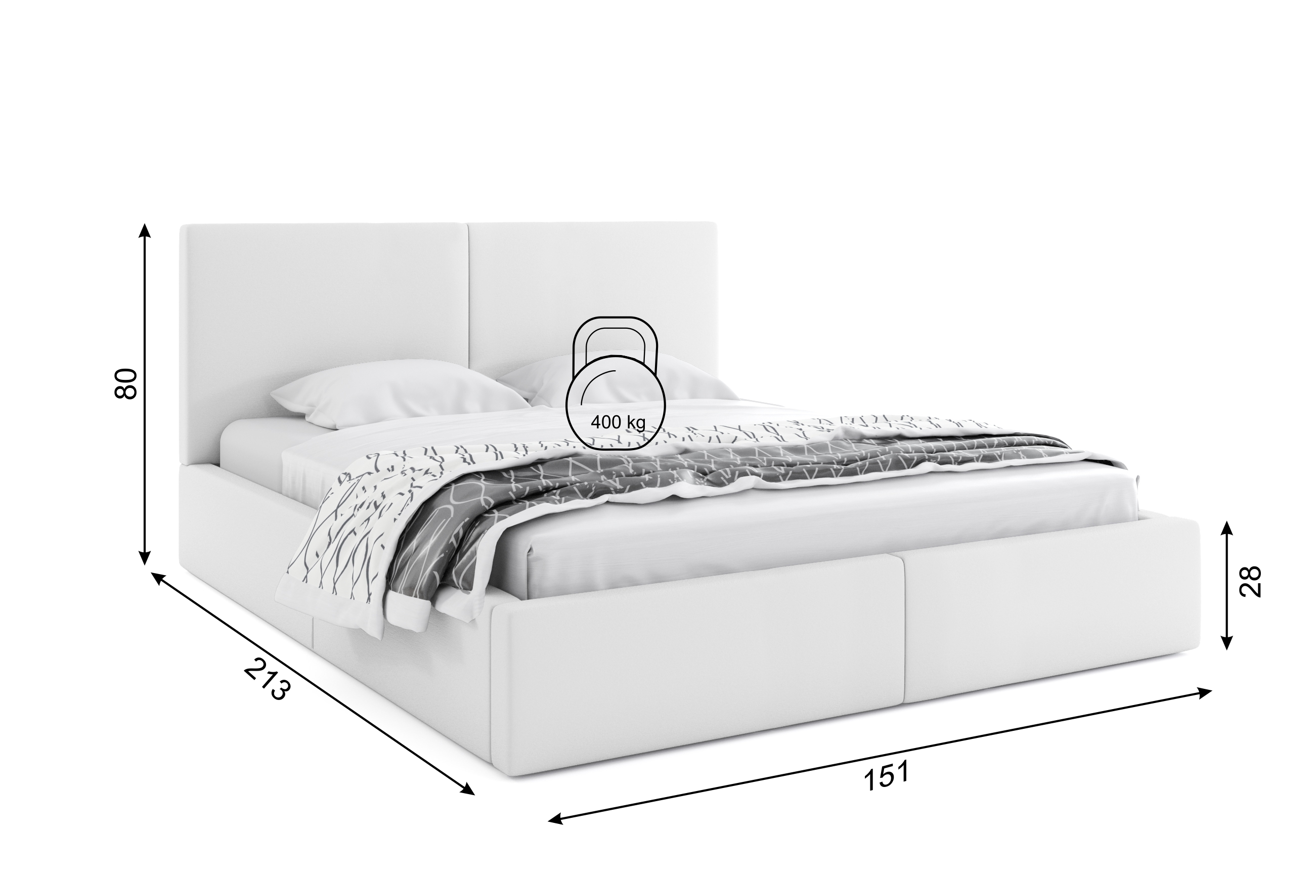 Dimensiuni și specificații pentru patul dormitorului Hilton 140x200 cu un recipient, alb Dimensiuni și specificații pentru patul dormitorului Hilton 140x200 cu un recipient, alb