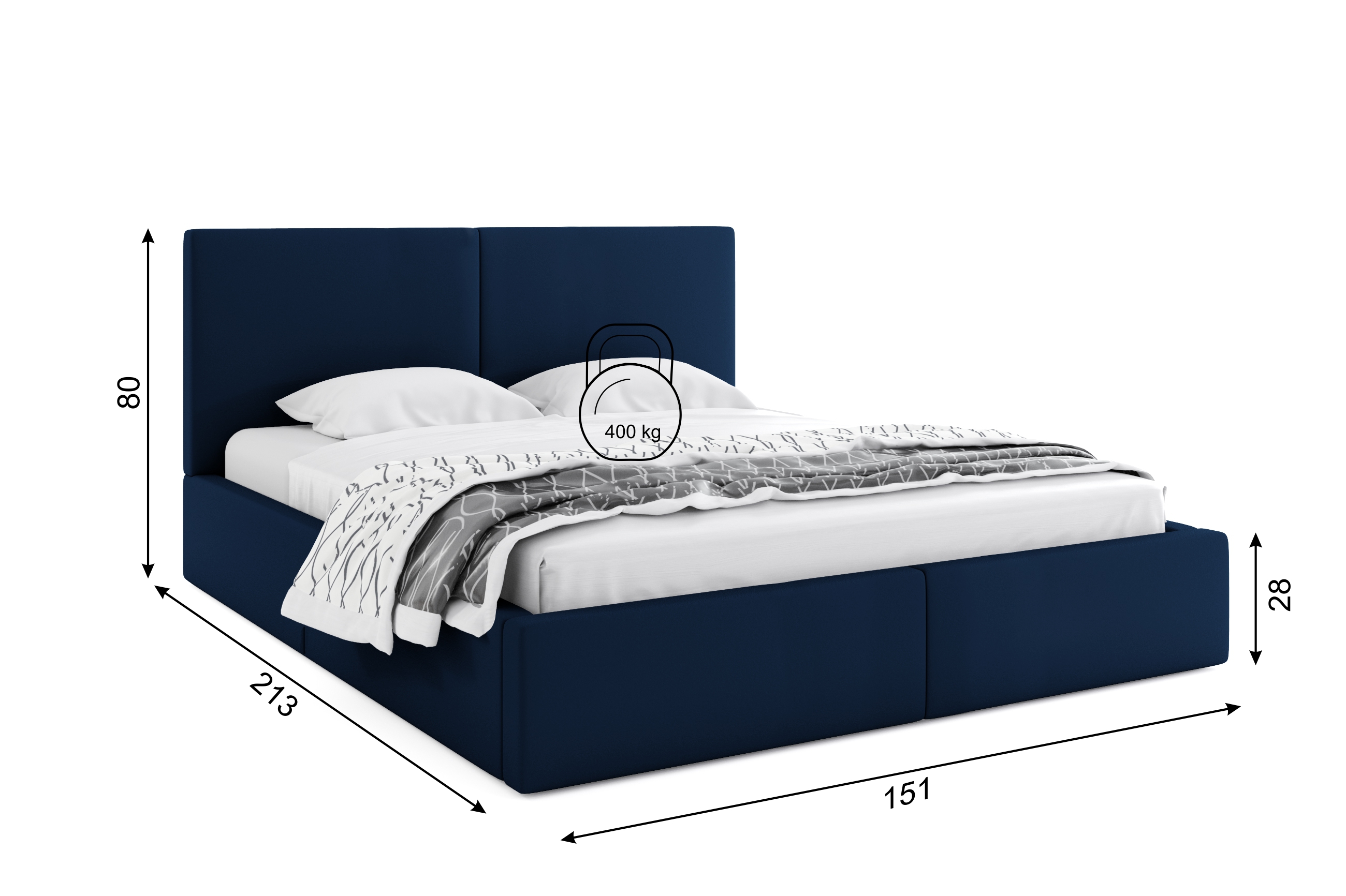 Dimensiuni și specificații pentru patul dormitorului Hilton 140x200 cu un recipient, albastru