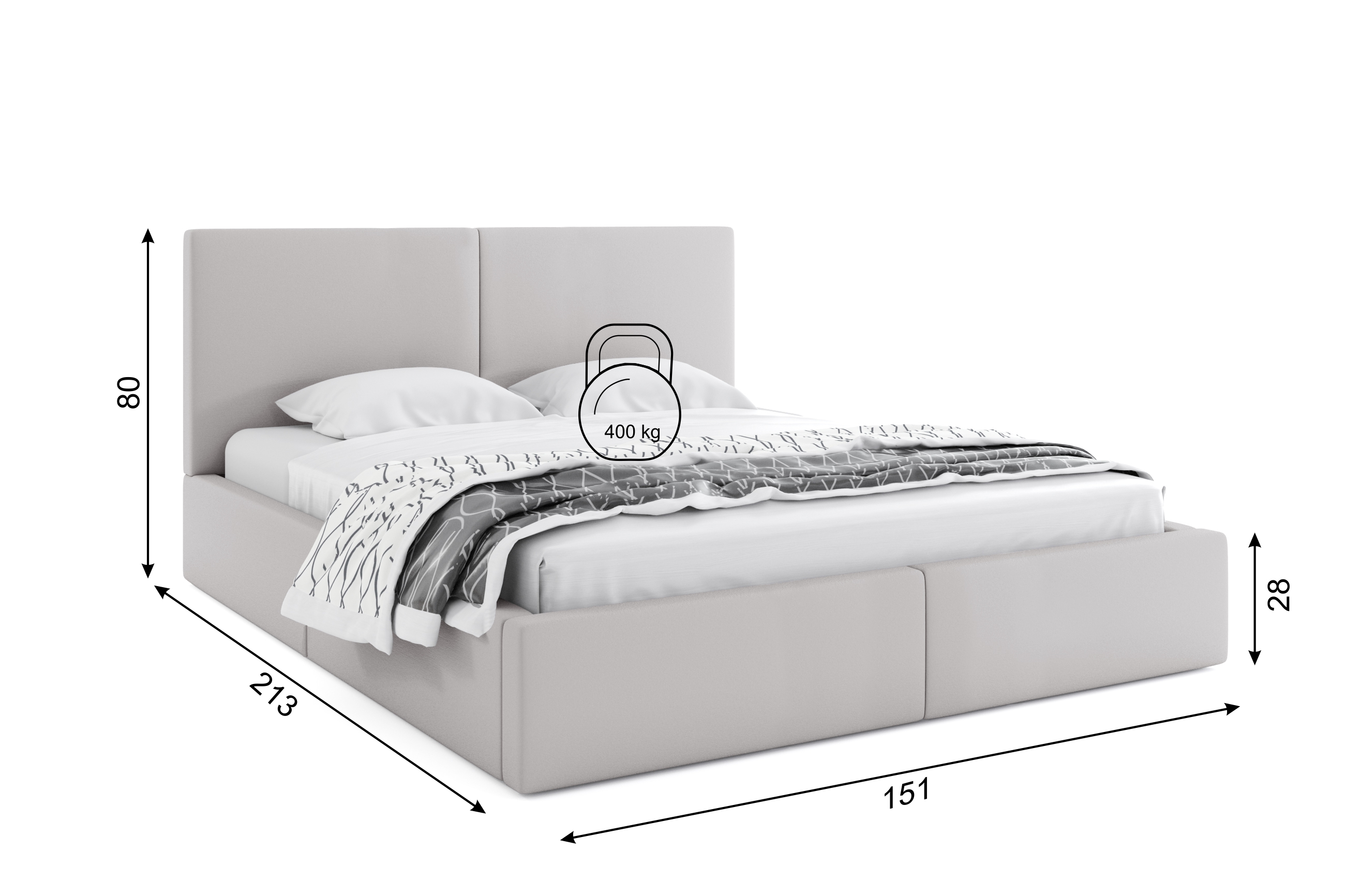 Dimensiuni și specificații pentru patul dormitorului Hilton 140x200 cu un recipient, gri Dimensiuni și specificații pentru patul dormitorului Hilton 140x200 cu un recipient, gri
