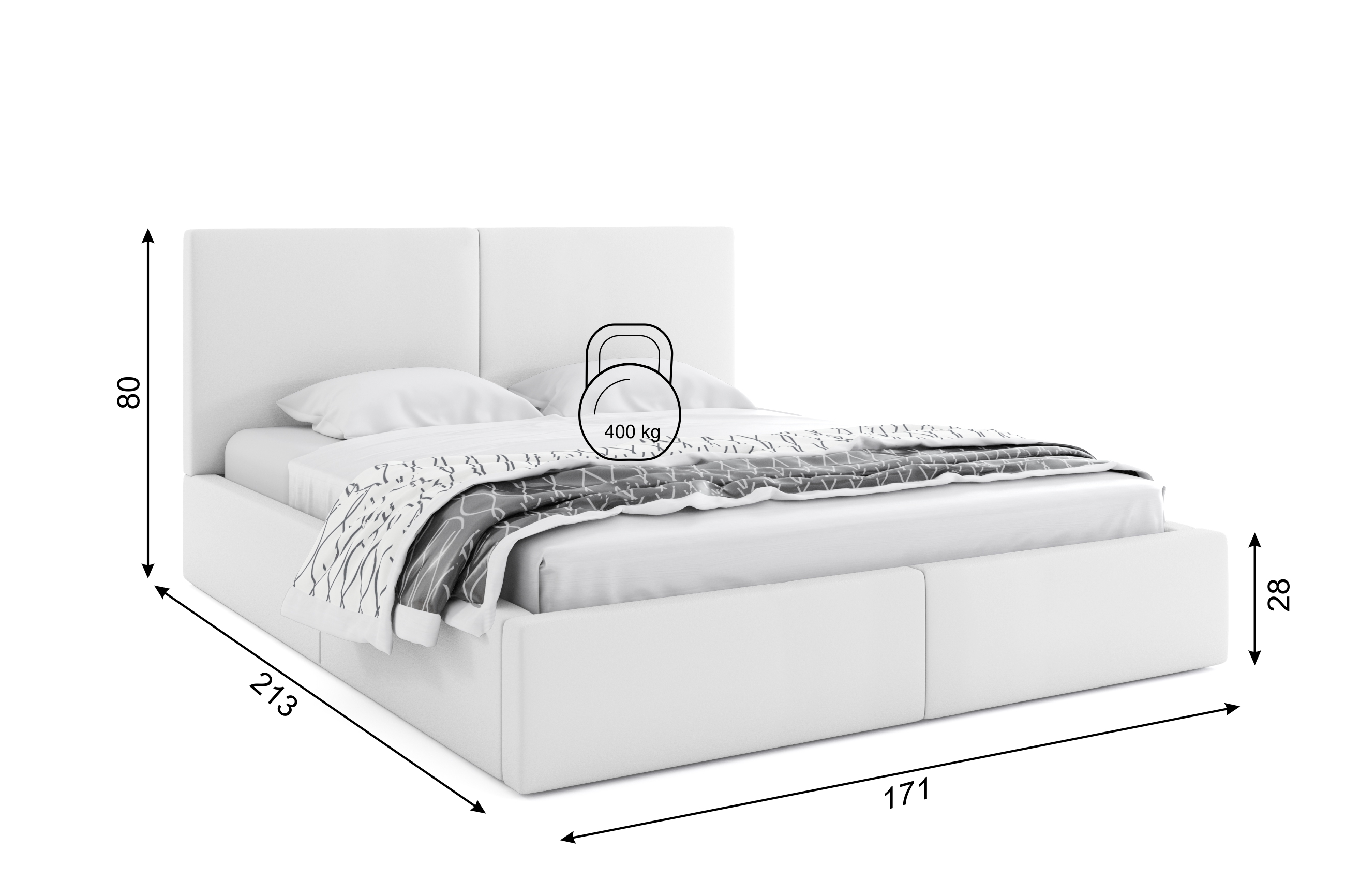 Dimensiuni și specificații pentru patul dormitorului Hilton 160x200 cu un recipient, alb