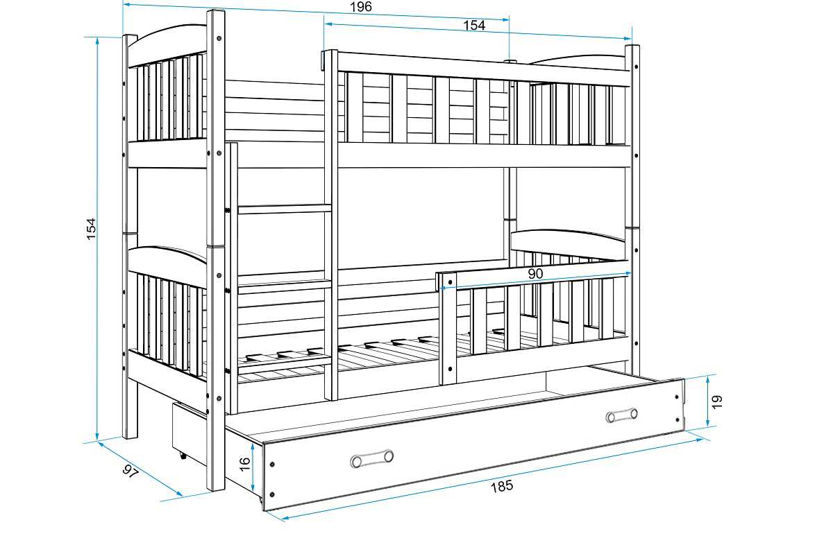 Dimensiuni și specificații pentru patul de tineret, kubuś 80x190 cu un sertar, alb Dimensiuni și specificații pentru patul de tineret, kubuś 80x190 cu un sertar, alb