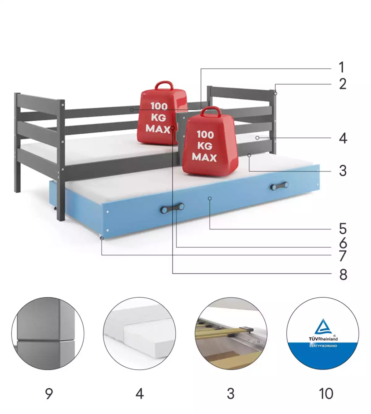 Composants pour Lit ado gigogne Éric 90X190 avec matelas et tiroir, gris/bleu
