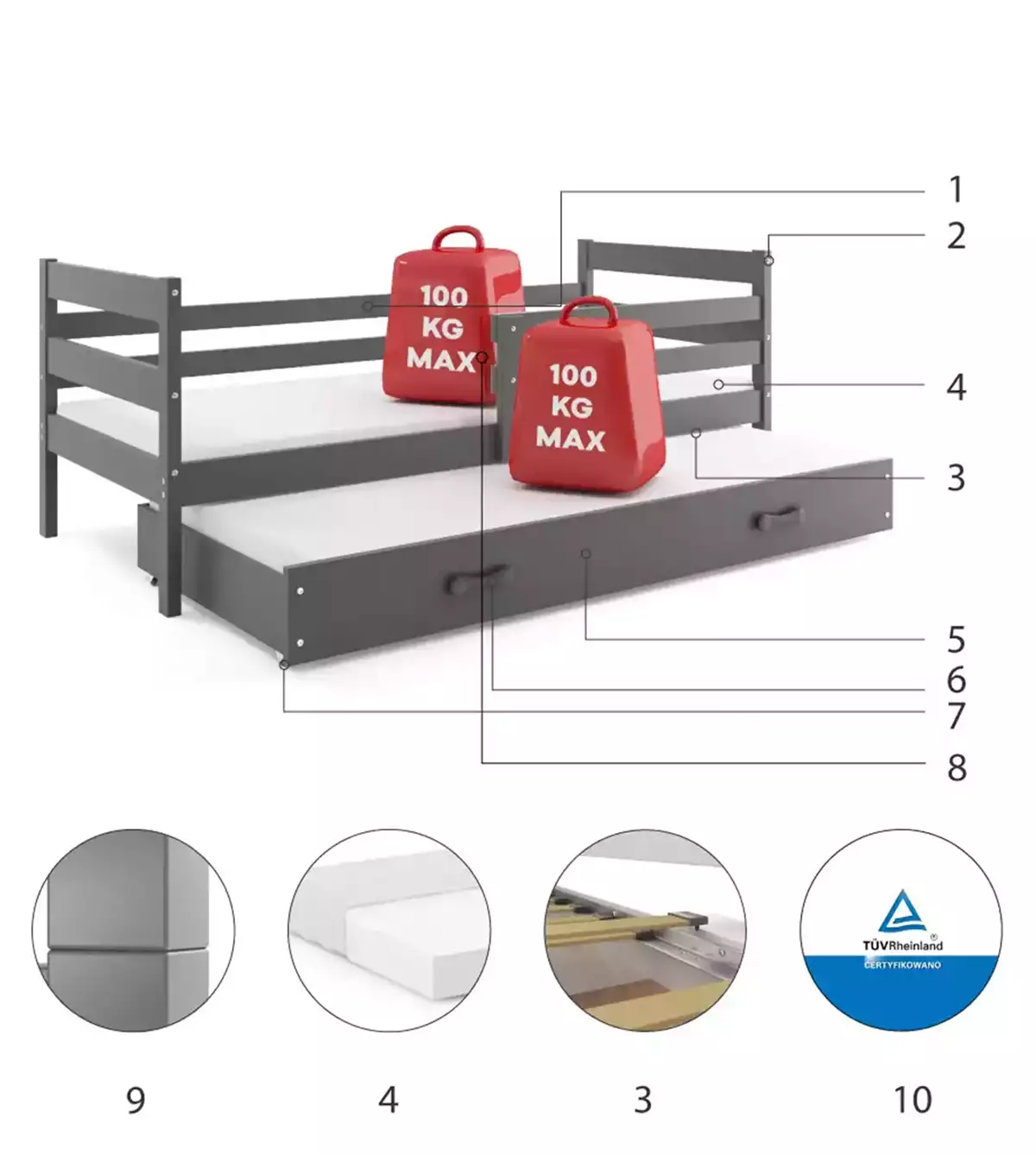 Composants pour Lit ado gigogne Éric 90X190 avec matelas et tiroir, gris