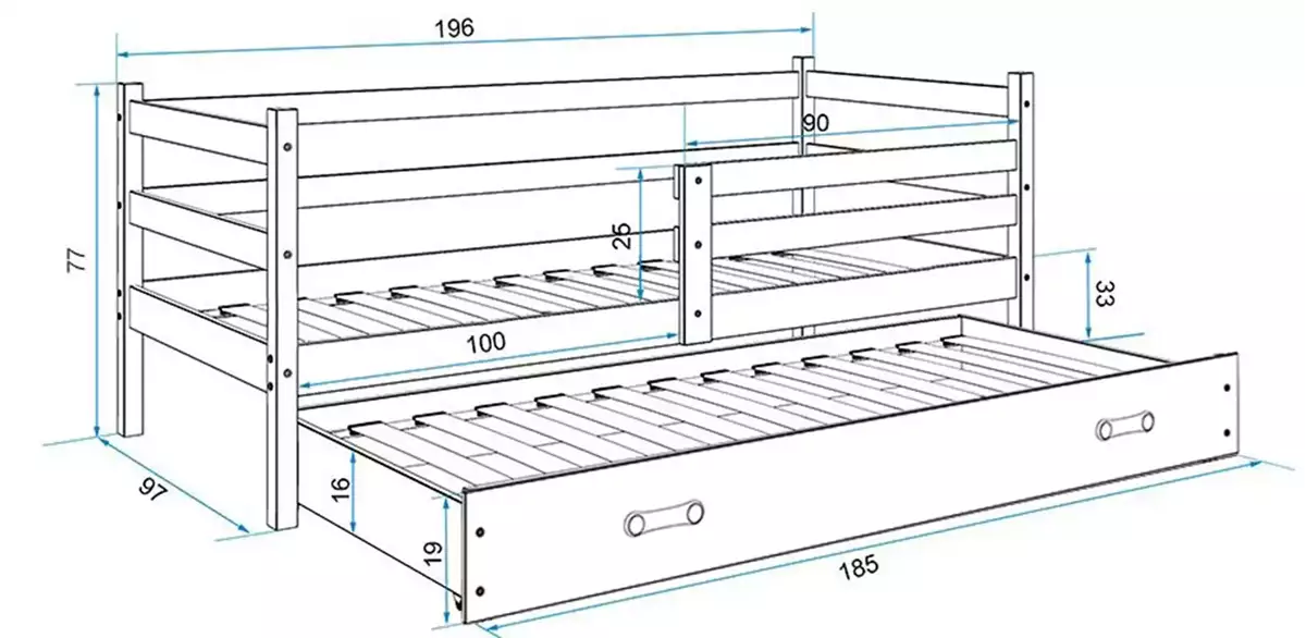 Dimensions et spécifications pour Lit ado gigogne Éric 90X190 avec matelas et tiroir, pin/bleu