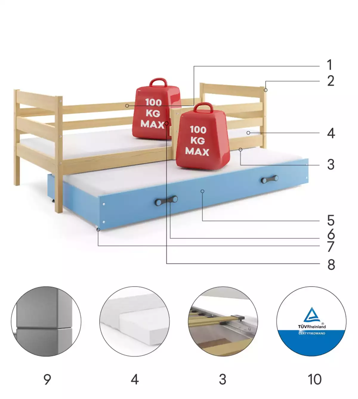 Composants pour Lit ado gigogne Éric 90X190 avec matelas et tiroir, pin/bleu