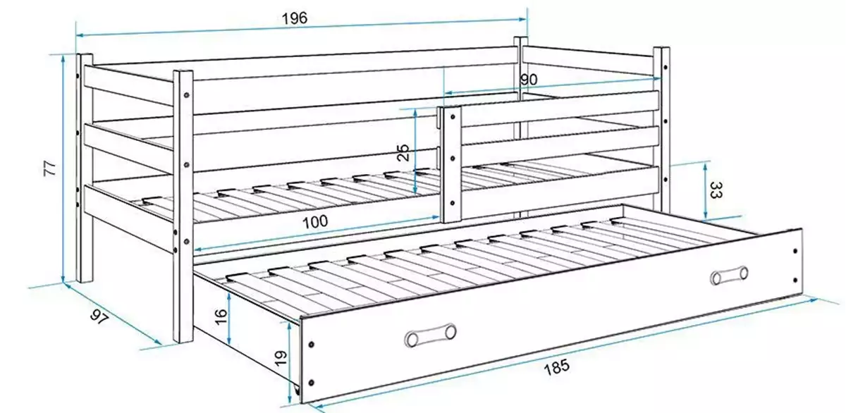 Dimensions et spécifications pour Lit ado gigogne Éric 90X190 avec matelas et tiroir, pin/gris Dimensions et spécifications pour Lit ado gigogne Éric 90X190 avec matelas et tiroir, pin/gris