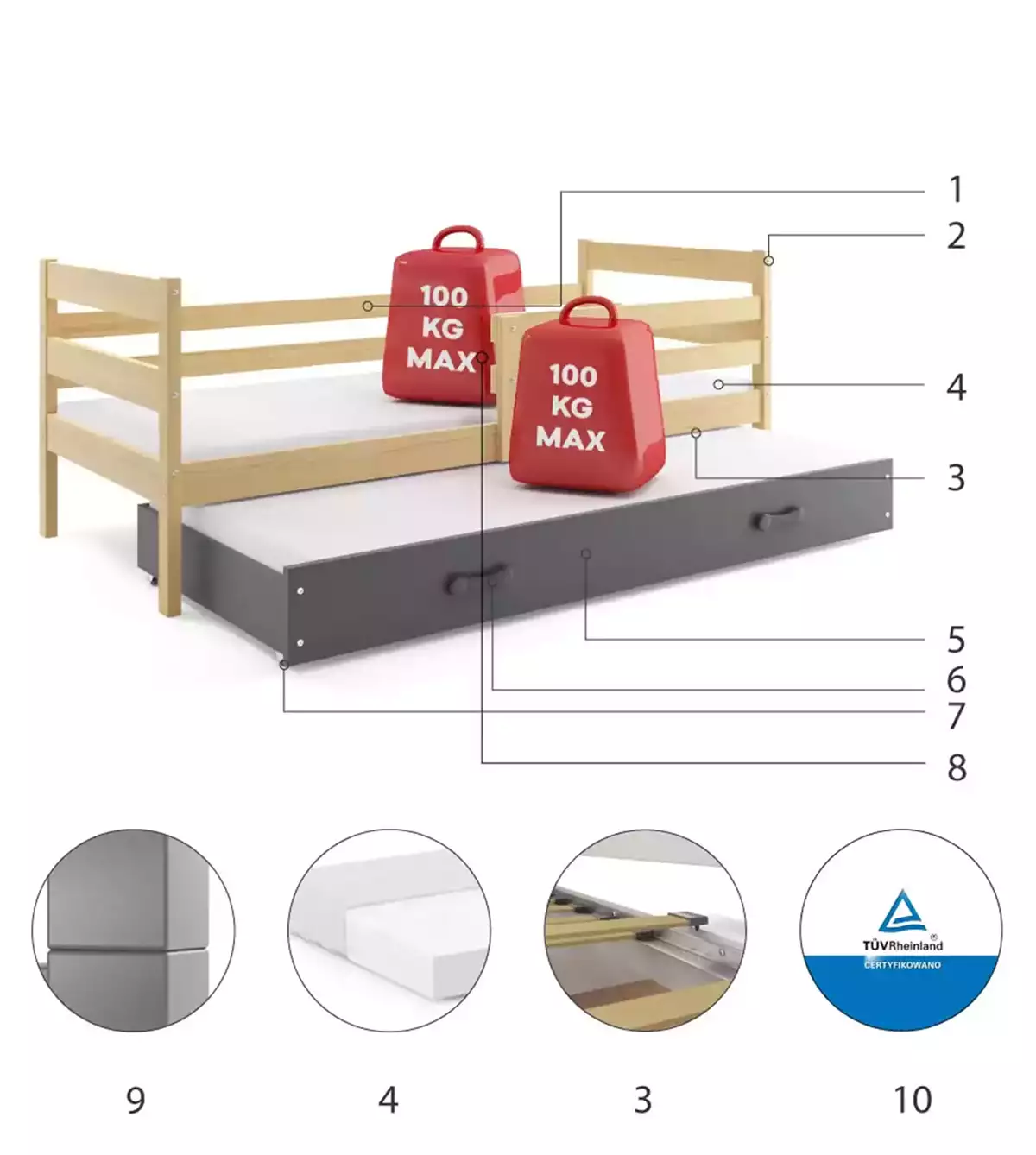 Composants pour Lit ado gigogne Éric 90X190 avec matelas et tiroir, pin/gris Composants pour Lit ado gigogne Éric 90X190 avec matelas et tiroir, pin/gris