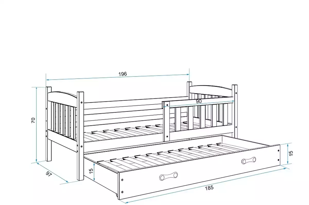Dimensions et spécifications pour Lit ado gigogne Jacquot 90X190 avec matelas et tiroir, pin/bleu Dimensions et spécifications pour Lit ado gigogne Jacquot 90X190 avec matelas et tiroir, pin/bleu