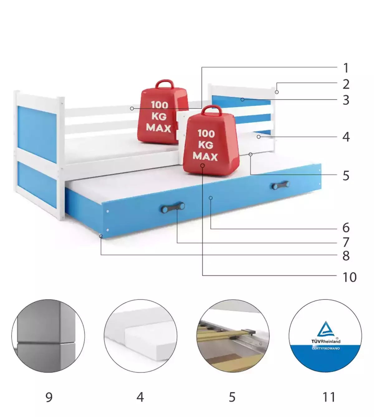 Composants pour Lit ado gigogne Rico 90X190 avec matelas et tiroir, blanc/bleu Composants pour Lit ado gigogne Rico 90X190 avec matelas et tiroir, blanc/bleu