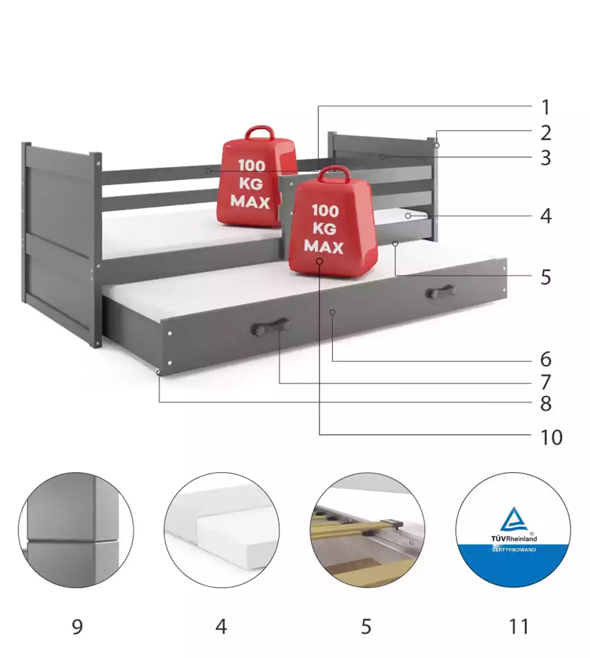 Composants pour Lit ado gigogne Rico 90X190 avec matelas et tiroir, gris Composants pour Lit ado gigogne Rico 90X190 avec matelas et tiroir, gris
