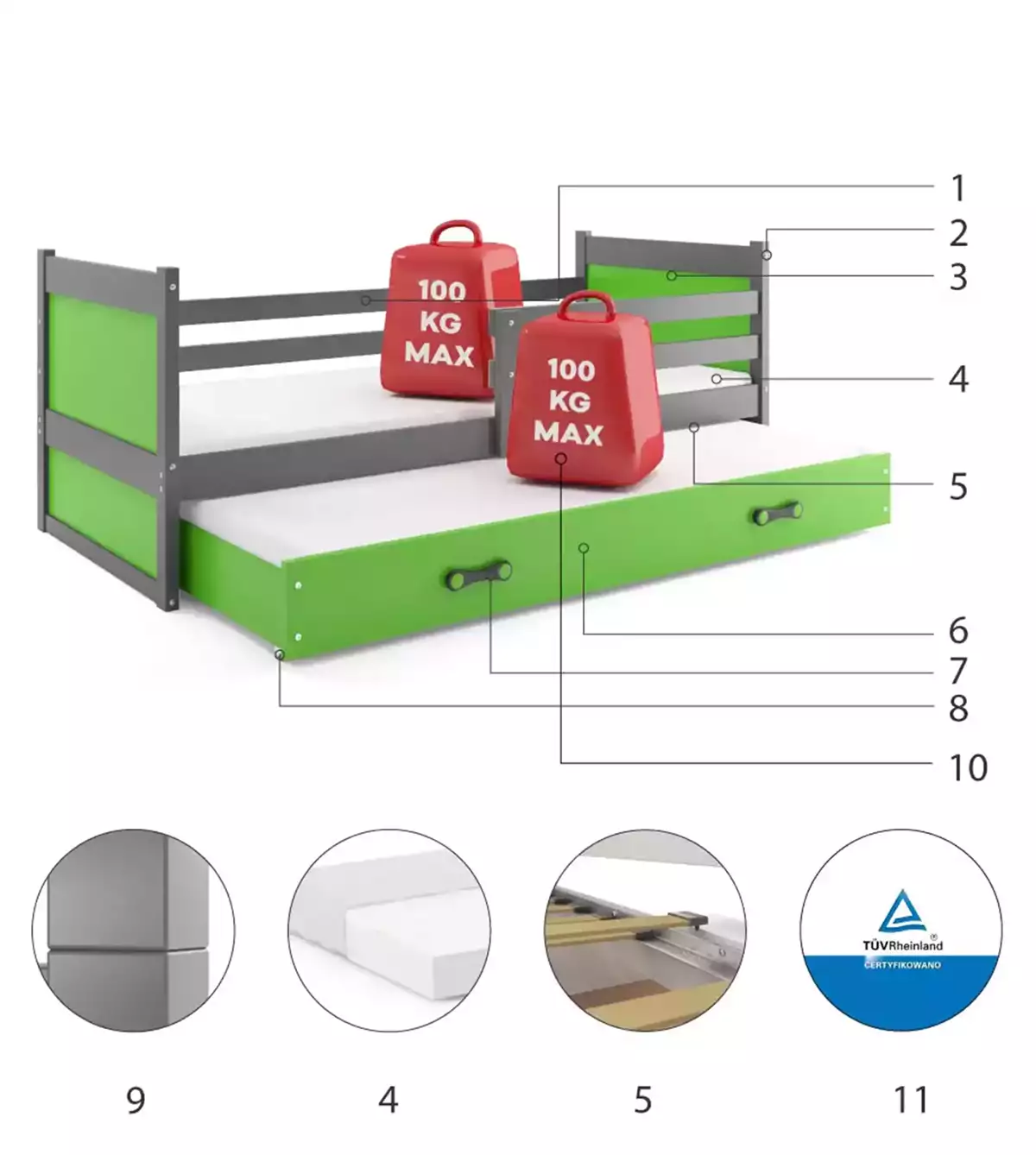 Composants pour Lit ado gigogne Rico 90X190 avec matelas et tiroir, gris/vert Composants pour Lit ado gigogne Rico 90X190 avec matelas et tiroir, gris/vert