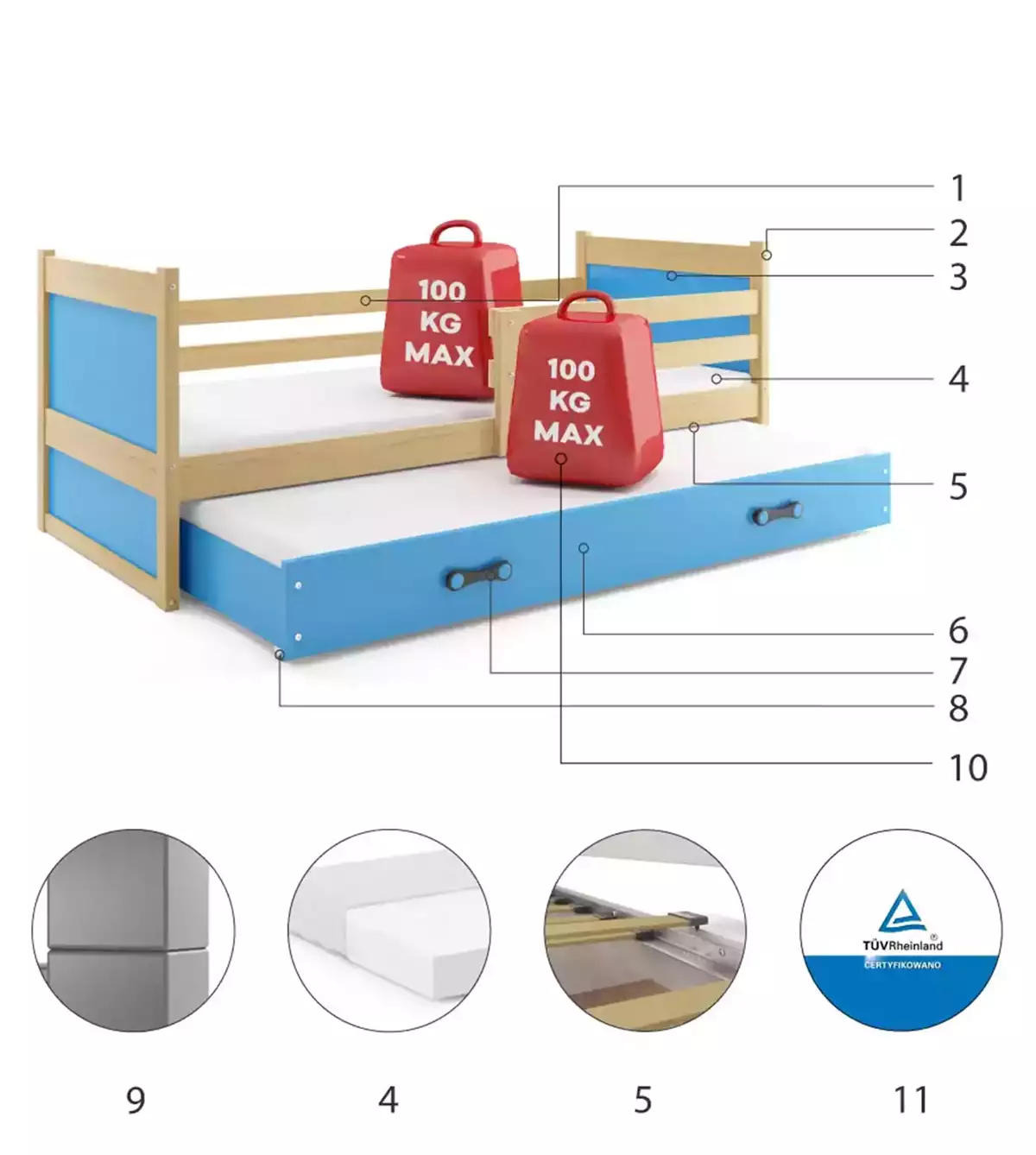 Composants pour Lit ado gigogne Rico 90X190 avec matelas et tiroir, pin/bleu Composants pour Lit ado gigogne Rico 90X190 avec matelas et tiroir, pin/bleu