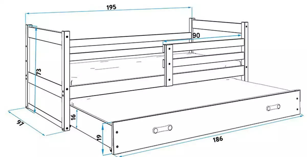 Dimensions et spécifications pour Lit ado gigogne Rico 90X190 avec tiroir, gris Dimensions et spécifications pour Lit ado gigogne Rico 90X190 avec tiroir, gris