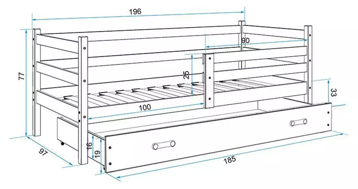 Dimensions et spécifications pour Lit ado simple Éric 90X190 avec matelas et tiroir, gris/blanc