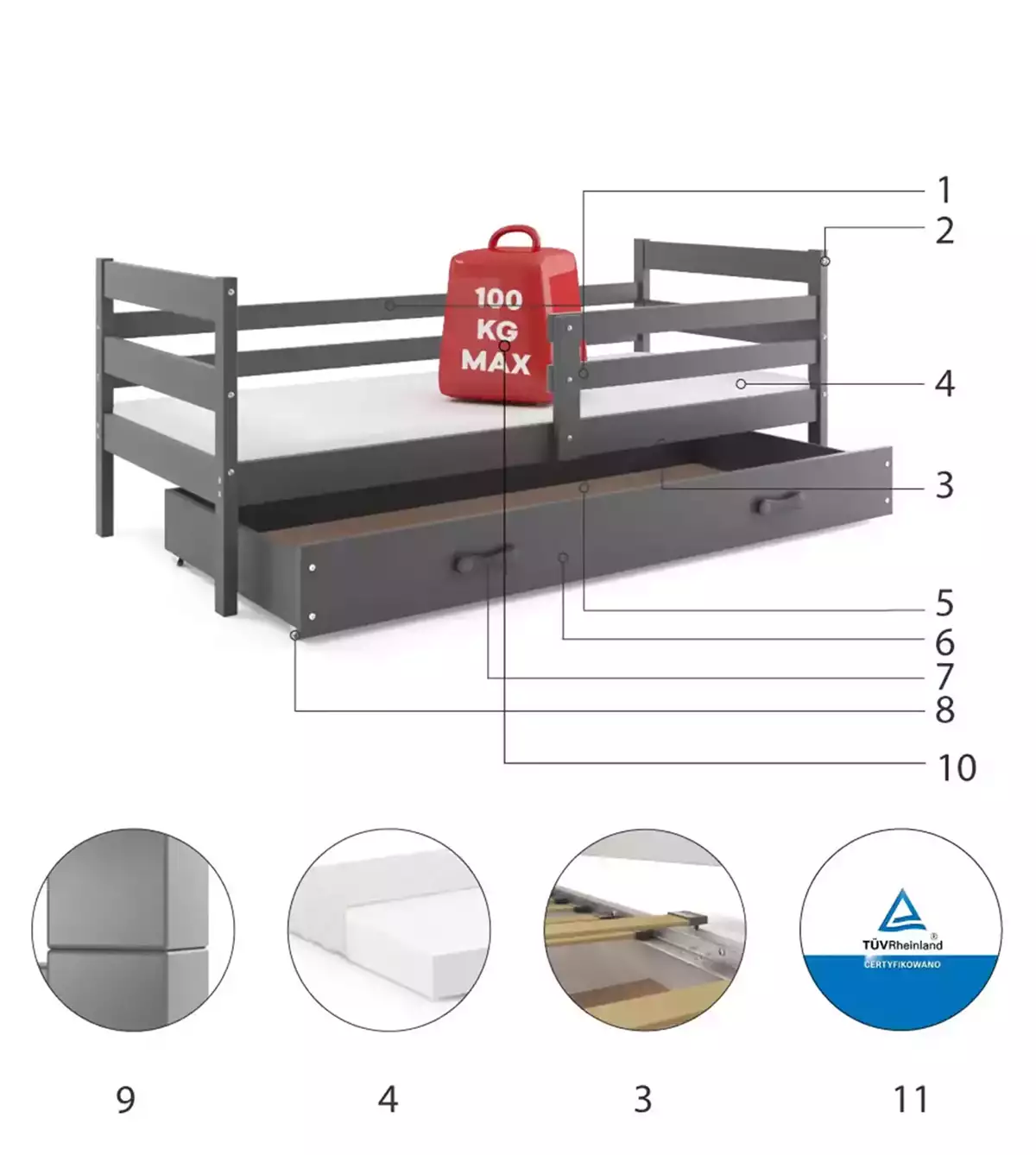 Composants pour Lit ado simple Éric 90X190 avec matelas et tiroir, gris