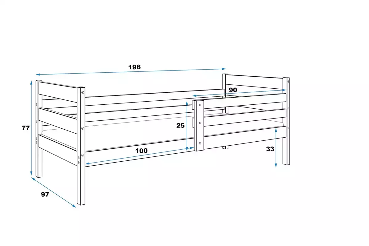 Dimensions et spécifications pour Lit ado simple Éric 90X190, pin Dimensions et spécifications pour Lit ado simple Éric 90X190, pin