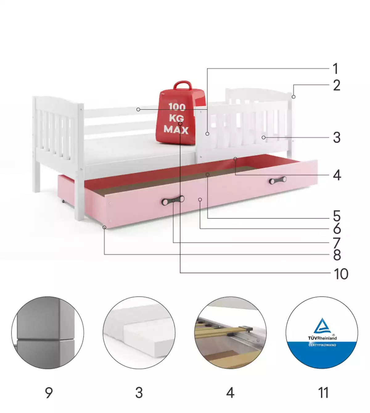 Composants pour Lit ado simple Jacquot 90X190 avec matelas et tiroir, blanc/rose Composants pour Lit ado simple Jacquot 90X190 avec matelas et tiroir, blanc/rose