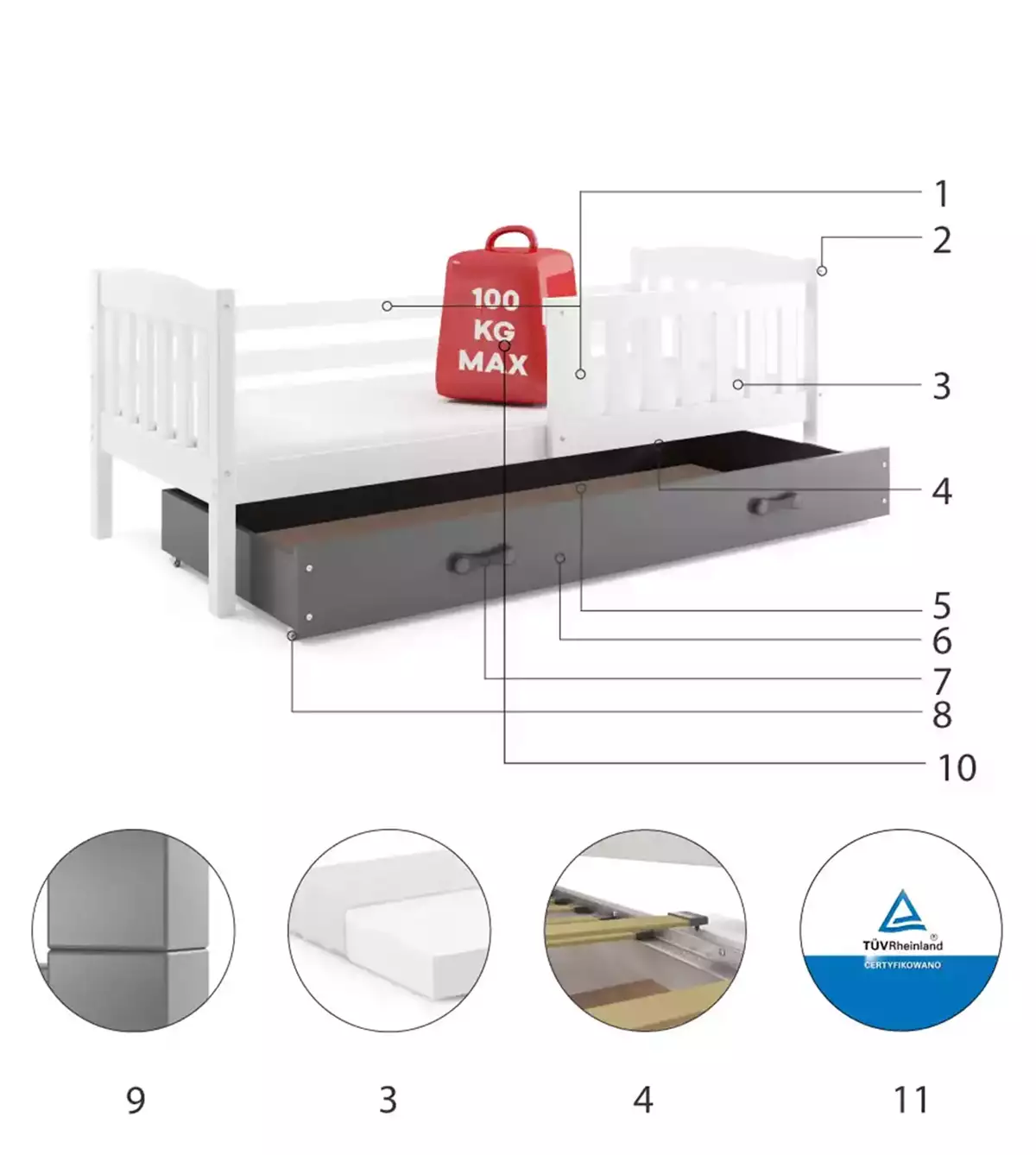 Composants pour Lit ado simple Jacquot 90X190 avec tiroir, blanc/gris