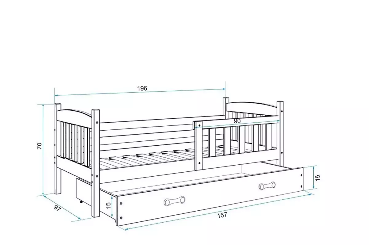 Dimensions et spécifications pour Lit ado simple Jacquot 90X190 avec tiroir, pin/blanc