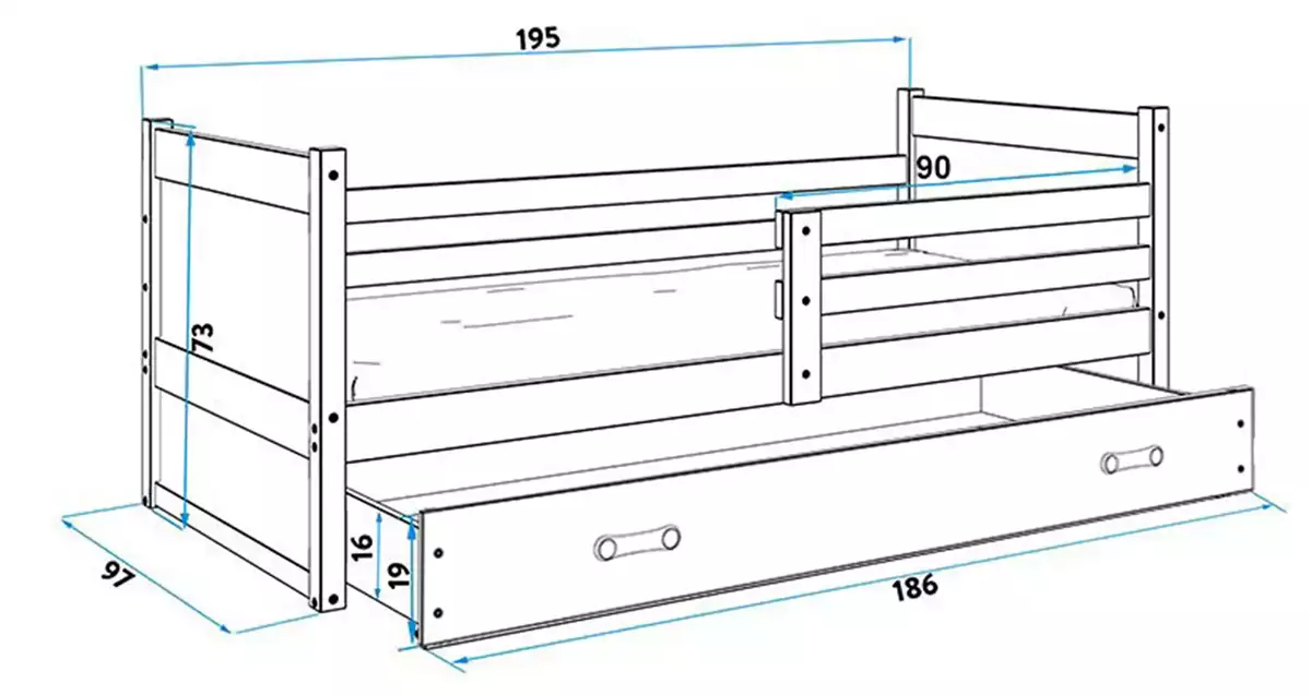 Dimensions et spécifications pour Lit ado simple Rico 90X190 avec matelas et tiroir, blanc/gris Dimensions et spécifications pour Lit ado simple Rico 90X190 avec matelas et tiroir, blanc/gris
