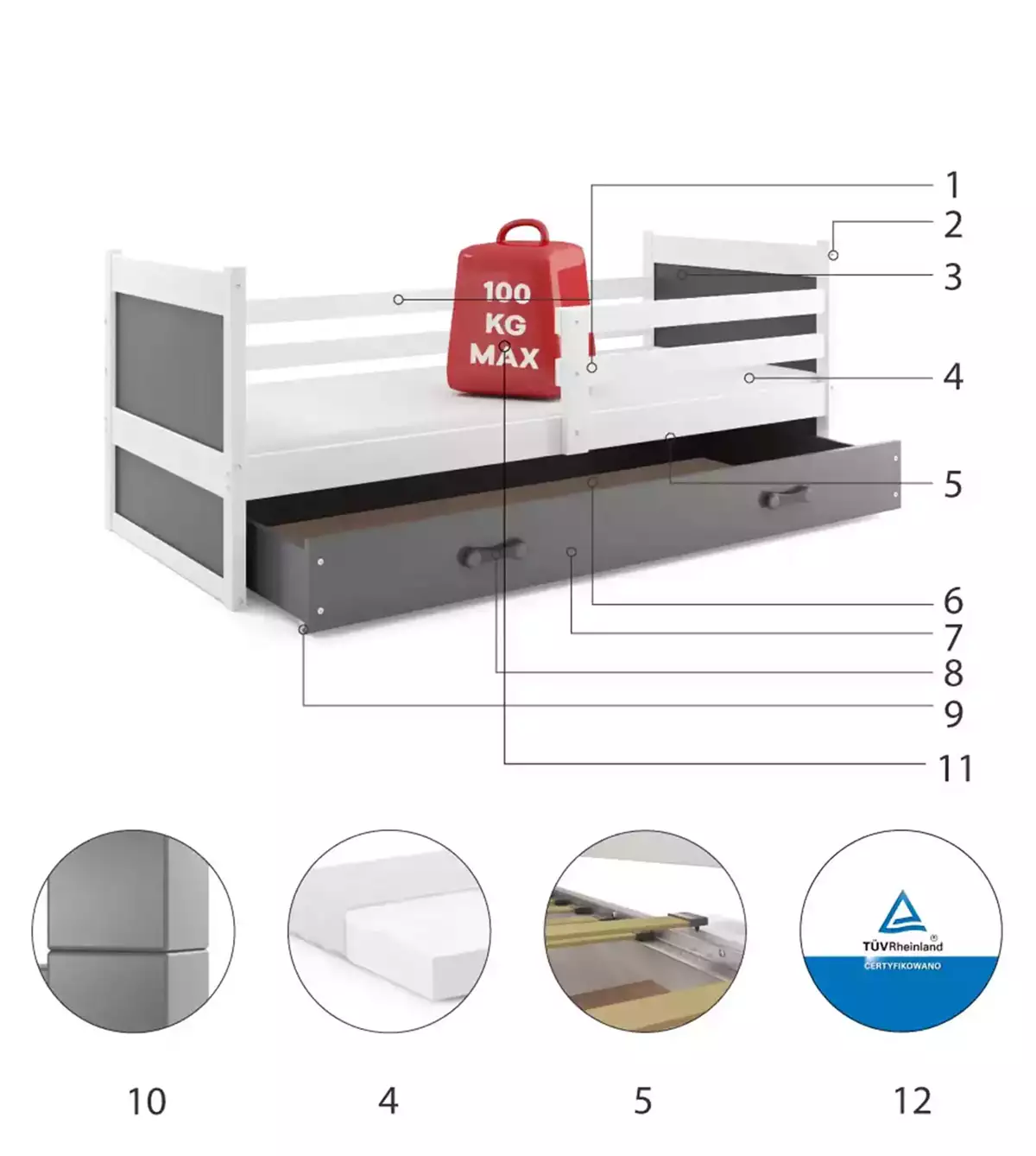 Composants pour Lit ado simple Rico 90X190 avec matelas et tiroir, blanc/gris Composants pour Lit ado simple Rico 90X190 avec matelas et tiroir, blanc/gris