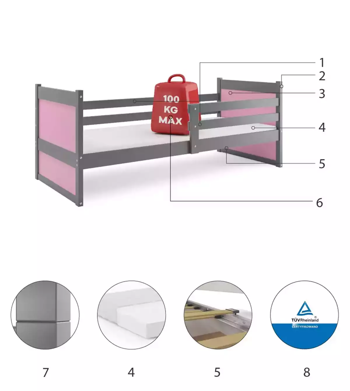 Composants pour Lit ado simple Rico 90X190 avec matelas, gris/rose Composants pour Lit ado simple Rico 90X190 avec matelas, gris/rose