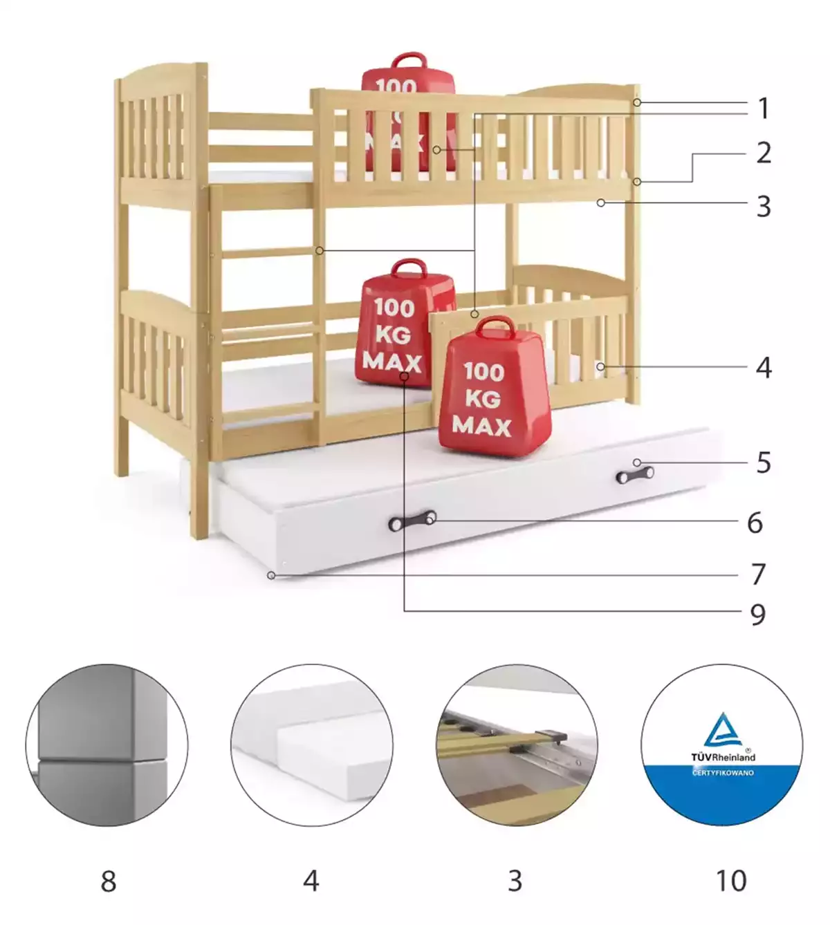 Composants pour Lit ado superposé 3 places Jacquot 90X190 avec matelas et tiroir, pin/blanc Composants pour Lit ado superposé 3 places Jacquot 90X190 avec matelas et tiroir, pin/blanc