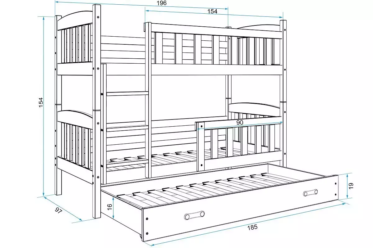 Dimensions et spécifications pour Lit ado superposé 3 places Jacquot 90X190 avec matelas et tiroir, pin/bleu
