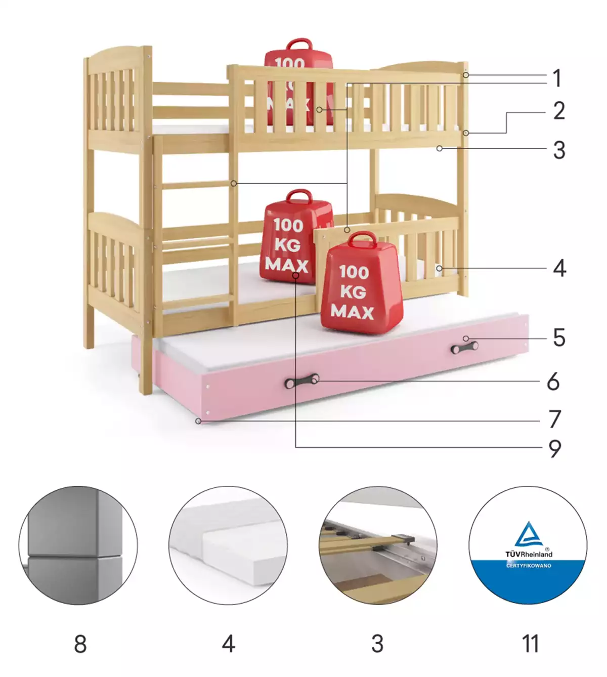 Composants pour Lit ado superposé 3 places Jacquot 90X190 avec matelas et tiroir, pin/rose Composants pour Lit ado superposé 3 places Jacquot 90X190 avec matelas et tiroir, pin/rose