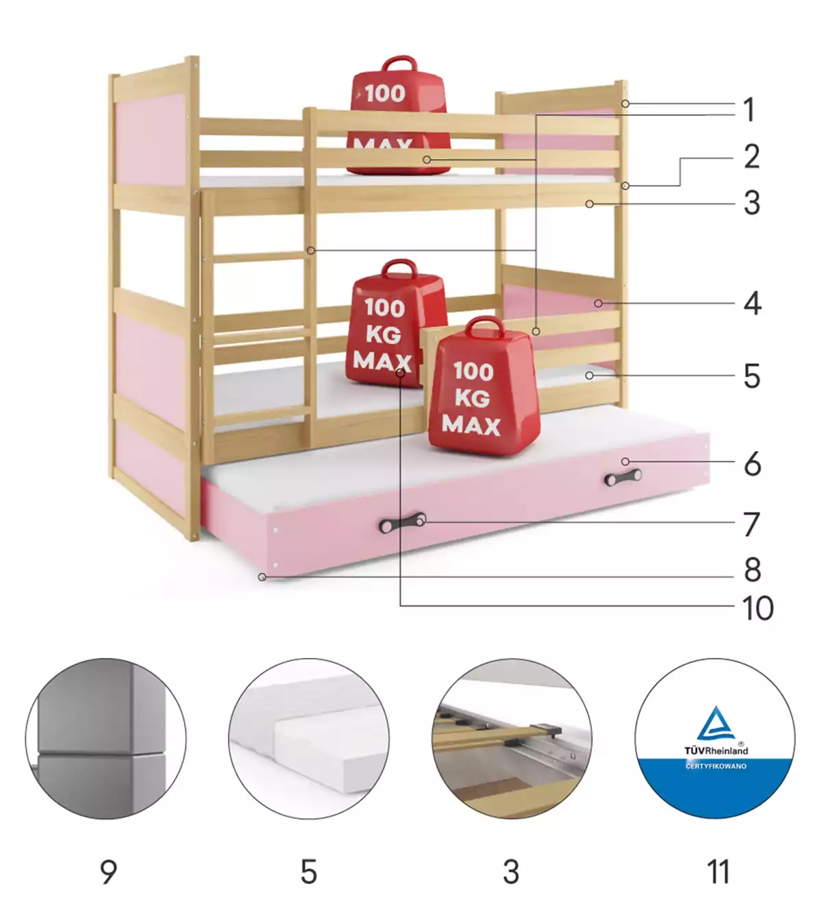 Composants pour Lit ado superposé 3 places Rico 90X190 avec matelas et tiroir, pin/rose Composants pour Lit ado superposé 3 places Rico 90X190 avec matelas et tiroir, pin/rose