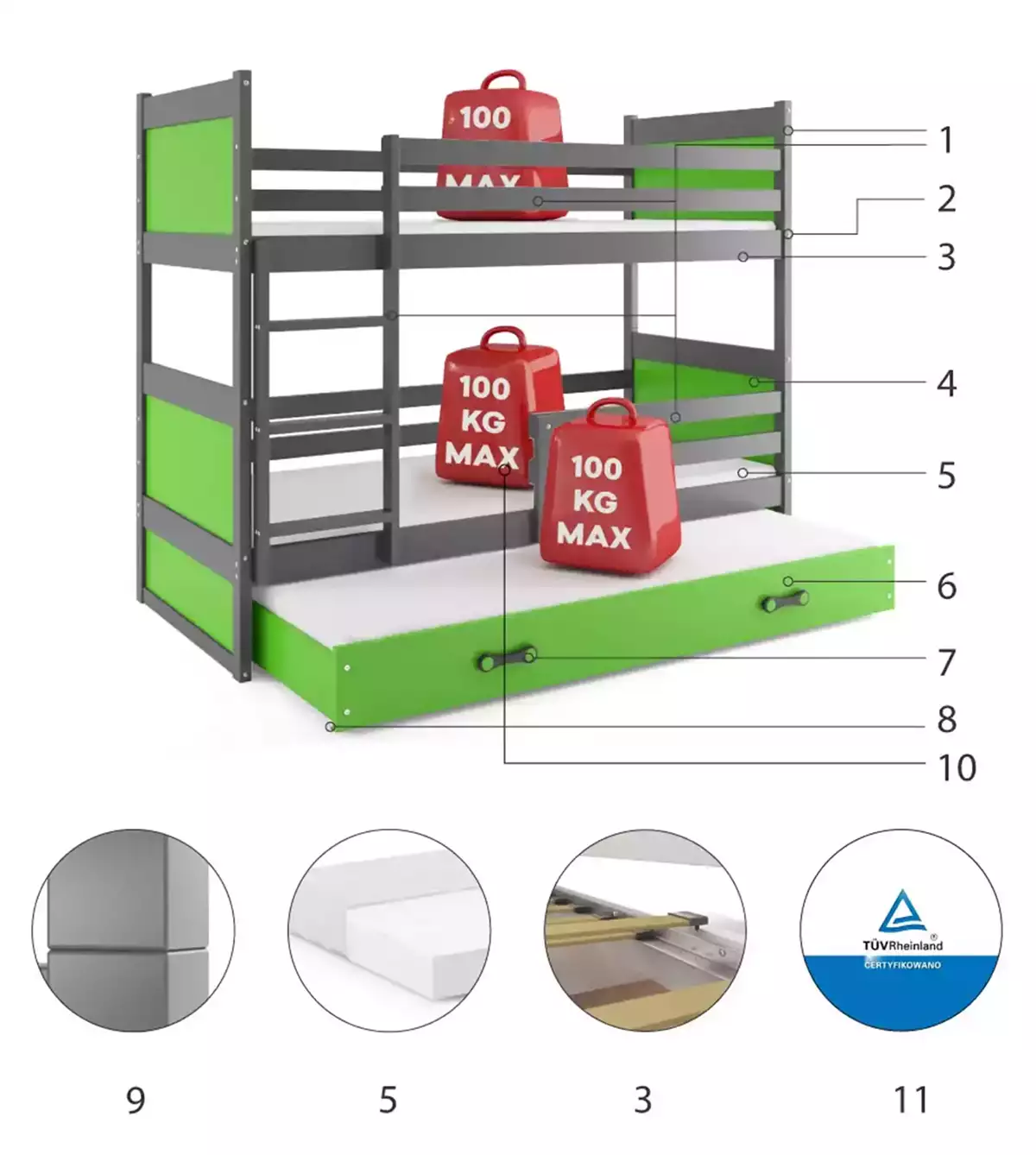 Composants pour Lit ado superposé 3 places Rico 90X190 avec tiroir, gris/vert Composants pour Lit ado superposé 3 places Rico 90X190 avec tiroir, gris/vert