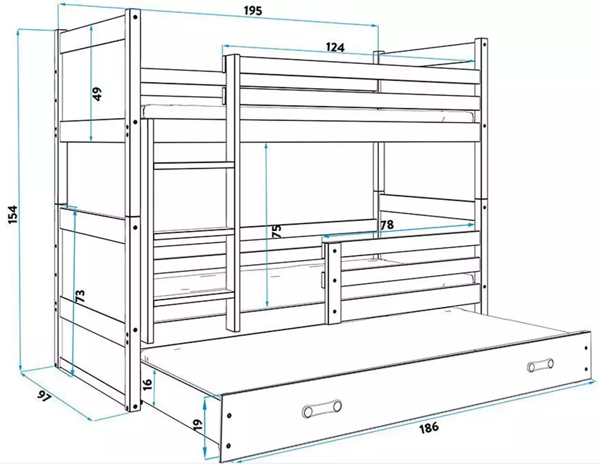 Dimensions et spécifications pour Lit ado superposé 3 places Rico 90X190 avec tiroir, pin/gris Dimensions et spécifications pour Lit ado superposé 3 places Rico 90X190 avec tiroir, pin/gris