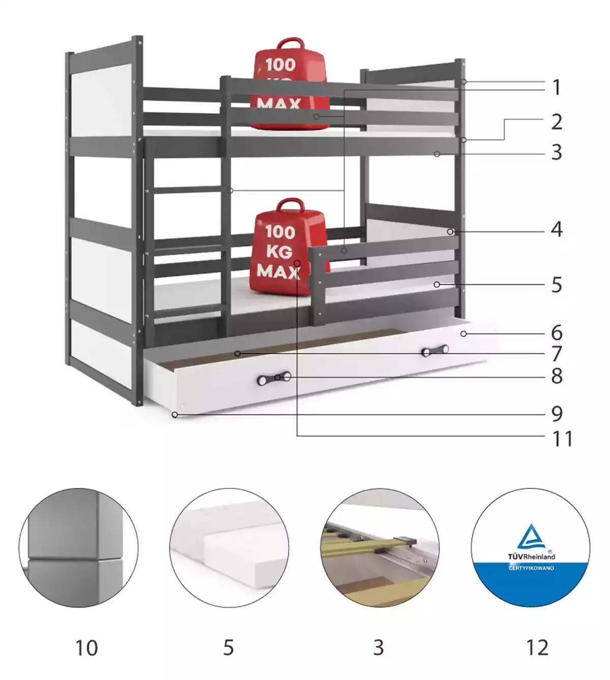 Composants pour Lit ado superposé Rico 90X190 avec matelas et tiroir, gris/blanc Composants pour Lit ado superposé Rico 90X190 avec matelas et tiroir, gris/blanc