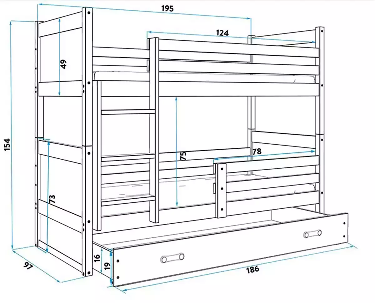 Dimensions et spécifications pour Lit ado superposé Rico 90X190 avec matelas et tiroir, gris/rose Dimensions et spécifications pour Lit ado superposé Rico 90X190 avec matelas et tiroir, gris/rose