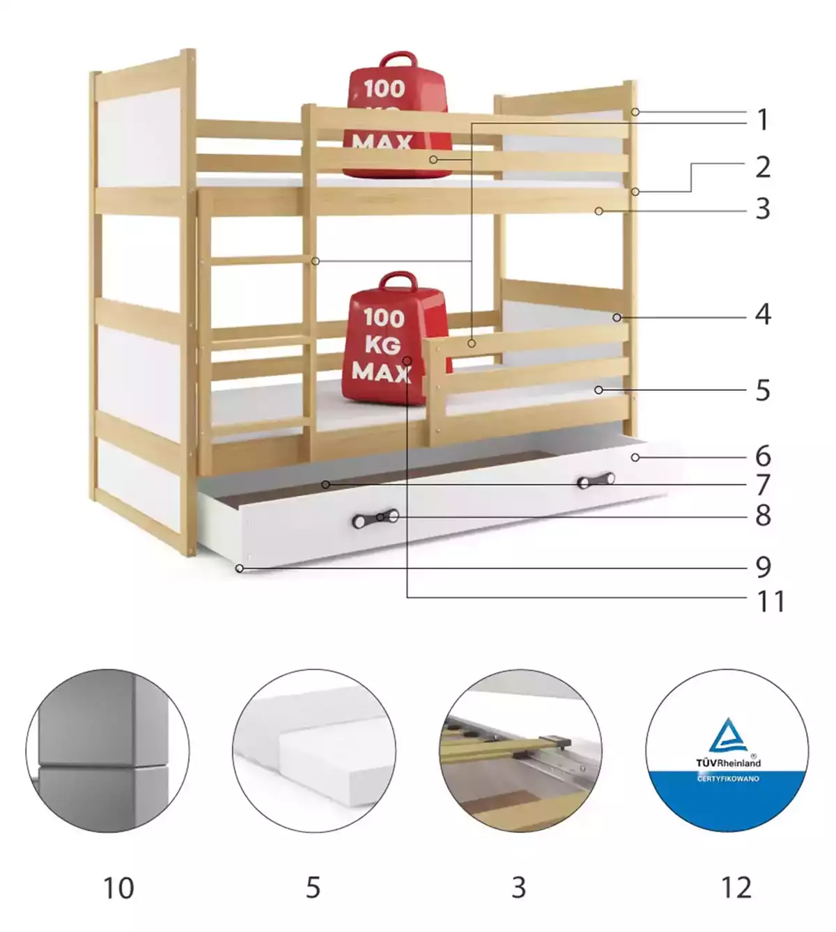 Composants pour Lit ado superposé Rico 90X190 avec matelas et tiroir, pin/blanc Composants pour Lit ado superposé Rico 90X190 avec matelas et tiroir, pin/blanc