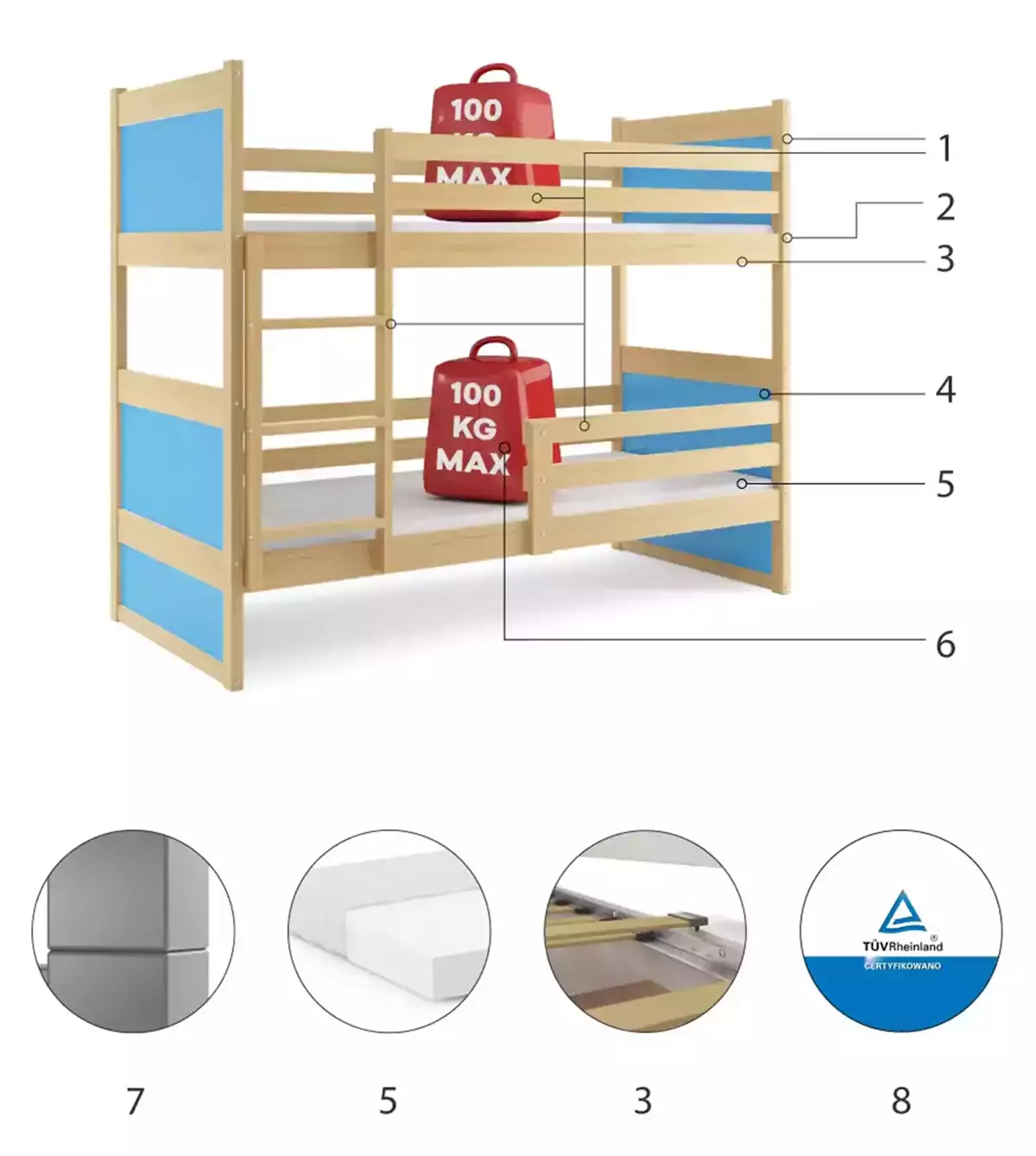 Composants pour Lit ado superposé Rico 90X190 avec matelas, pin/bleu Composants pour Lit ado superposé Rico 90X190 avec matelas, pin/bleu