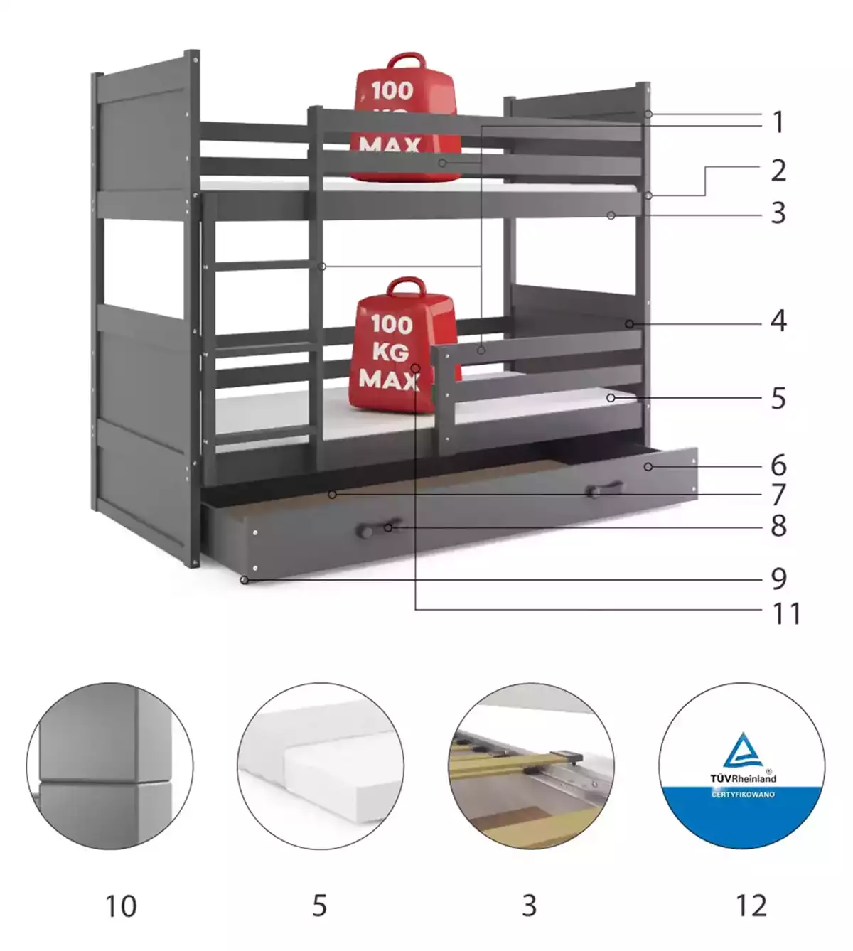 Composants pour Lit ado superposé Rico 90X190 avec tiroir, gris Composants pour Lit ado superposé Rico 90X190 avec tiroir, gris