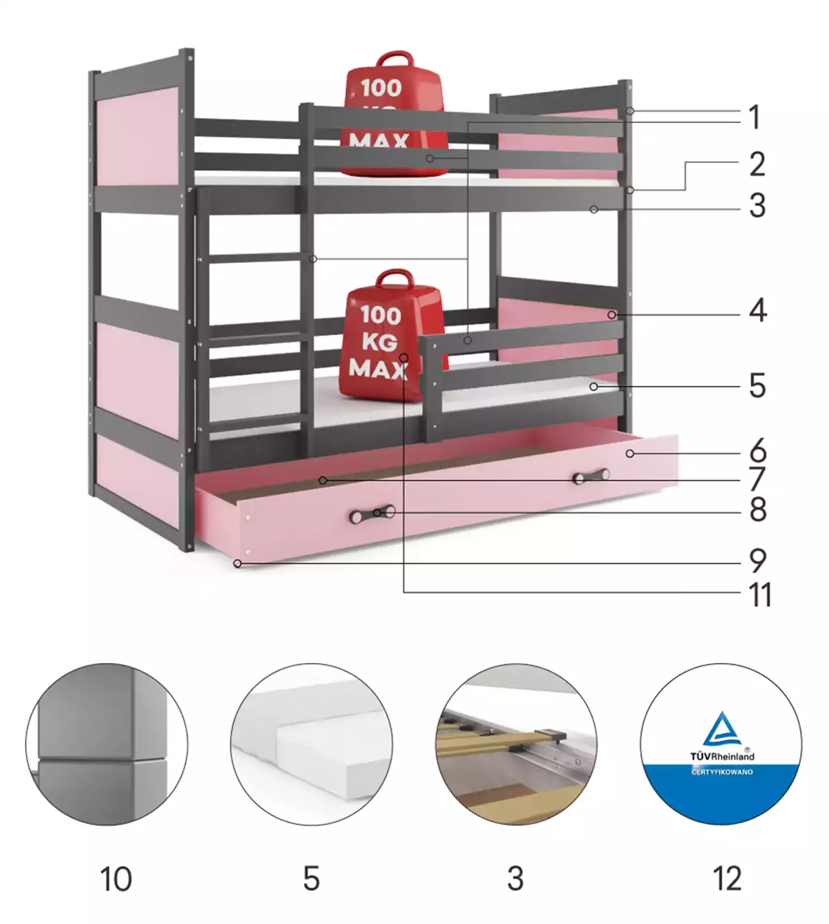Composants pour Lit ado superposé Rico 90X190 avec tiroir, gris/rose Composants pour Lit ado superposé Rico 90X190 avec tiroir, gris/rose