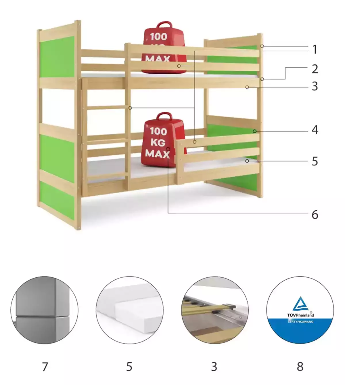 Composants pour Lit ado superposé Rico 90X190, pin/vert Composants pour Lit ado superposé Rico 90X190, pin/vert