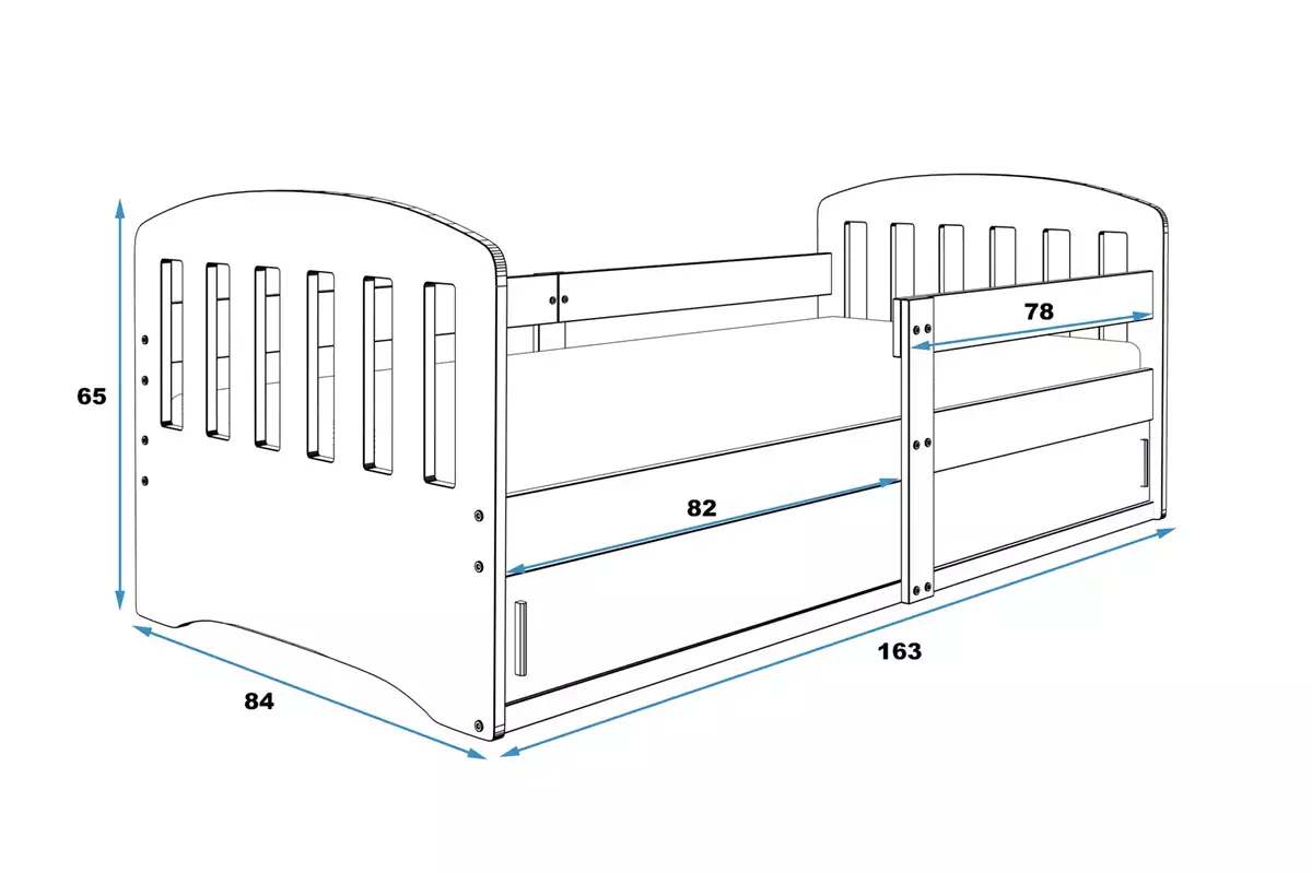 Dimensiuni și specificații pentru patul copiilor unic clasic 80x160 cu depozitare, grafit Dimensiuni și specificații pentru patul copiilor unic clasic 80x160 cu depozitare, grafit