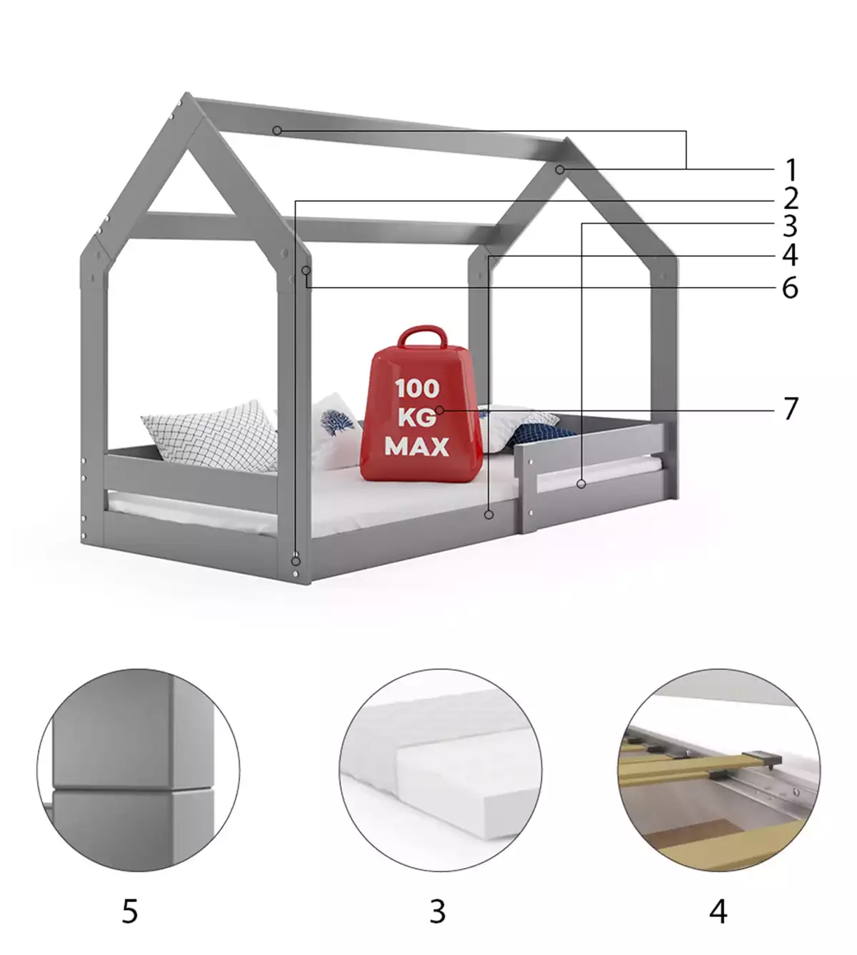 Componente pentru paturi pentru copii singuri 1 80x160 cu saltea, grafit