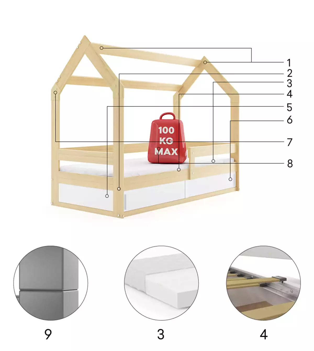 Componente pentru paturi pentru copii, o singură casă 80x160 cu saltea și depozitare, pin Componente pentru paturi pentru copii, o singură casă 80x160 cu saltea și depozitare, pin