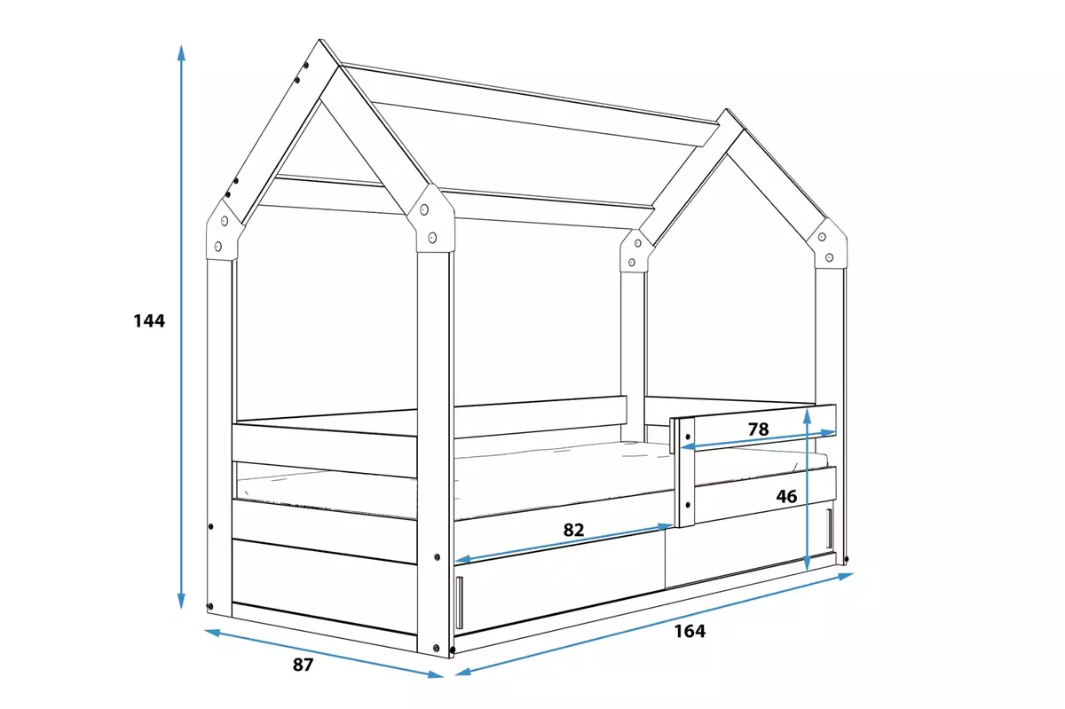 Dimensiuni și specificații pentru patul copiilor, o singură casă 80x160 cu depozitare, pin Dimensiuni și specificații pentru patul copiilor, o singură casă 80x160 cu depozitare, pin