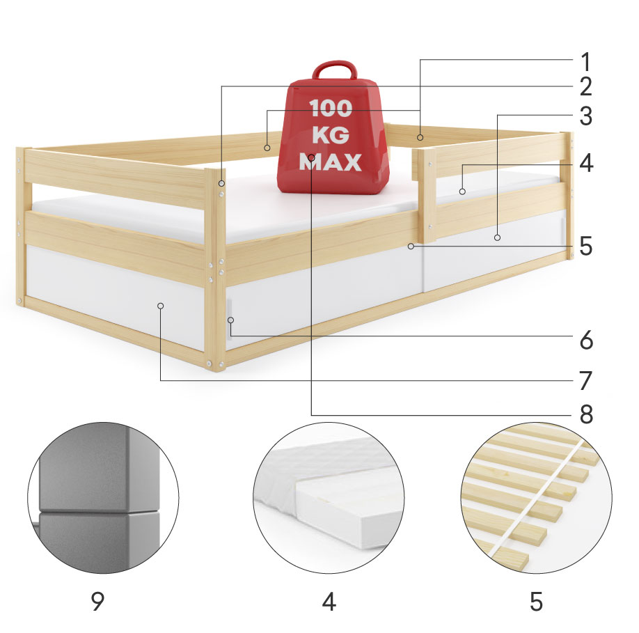 Componente pentru patul copiilor unic Hugo 80x160 cu saltea și depozitare, pin Componente pentru patul copiilor unic Hugo 80x160 cu saltea și depozitare, pin