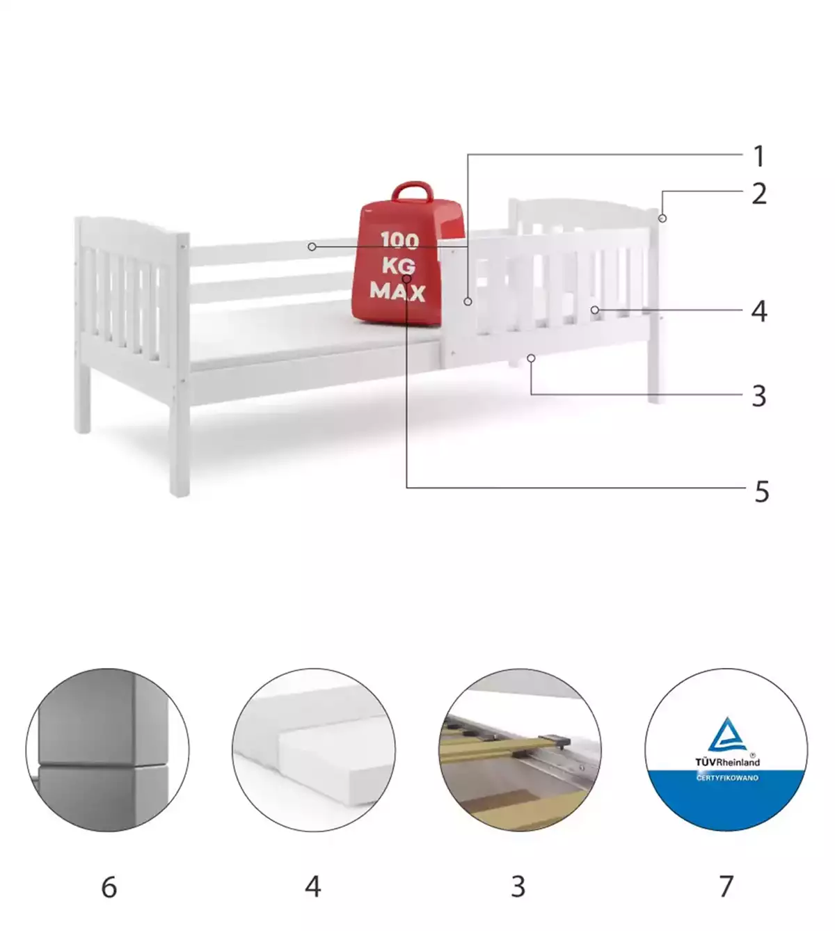 Componente pentru patul copiilor single Winnie 80x160 cu saltea, alb Componente pentru patul copiilor single Winnie 80x160 cu saltea, alb